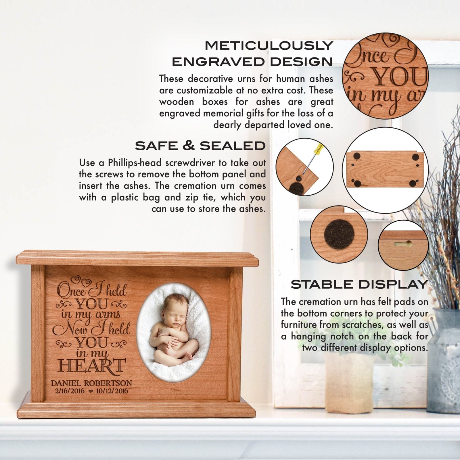 Personalized Baby Cremation Urn with Photo Frame – "Once I Held You" | Cherry Wood - LifeSong Milestones