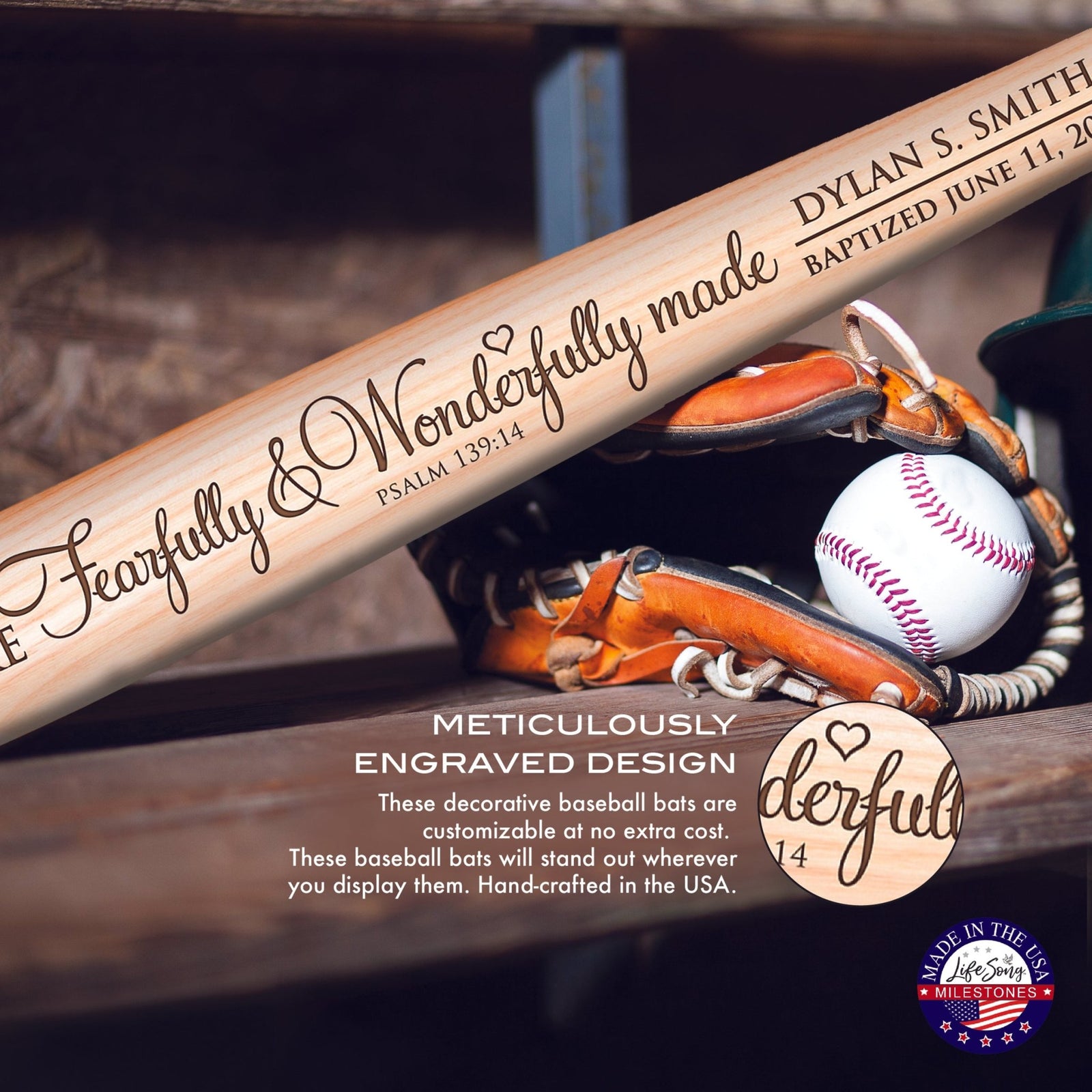 Personalized Baseball Bat Baptism Gifts For Boys - Fearfully and Wonderfully - LifeSong Milestones