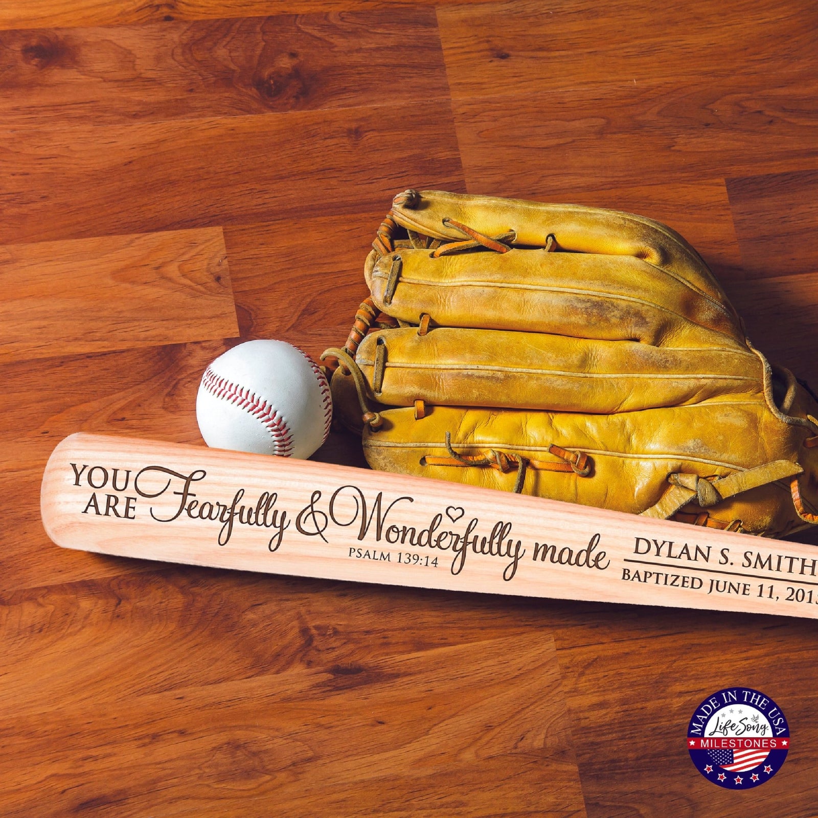 Personalized Baseball Bat Baptism Gifts For Boys - Fearfully and Wonderfully - LifeSong Milestones