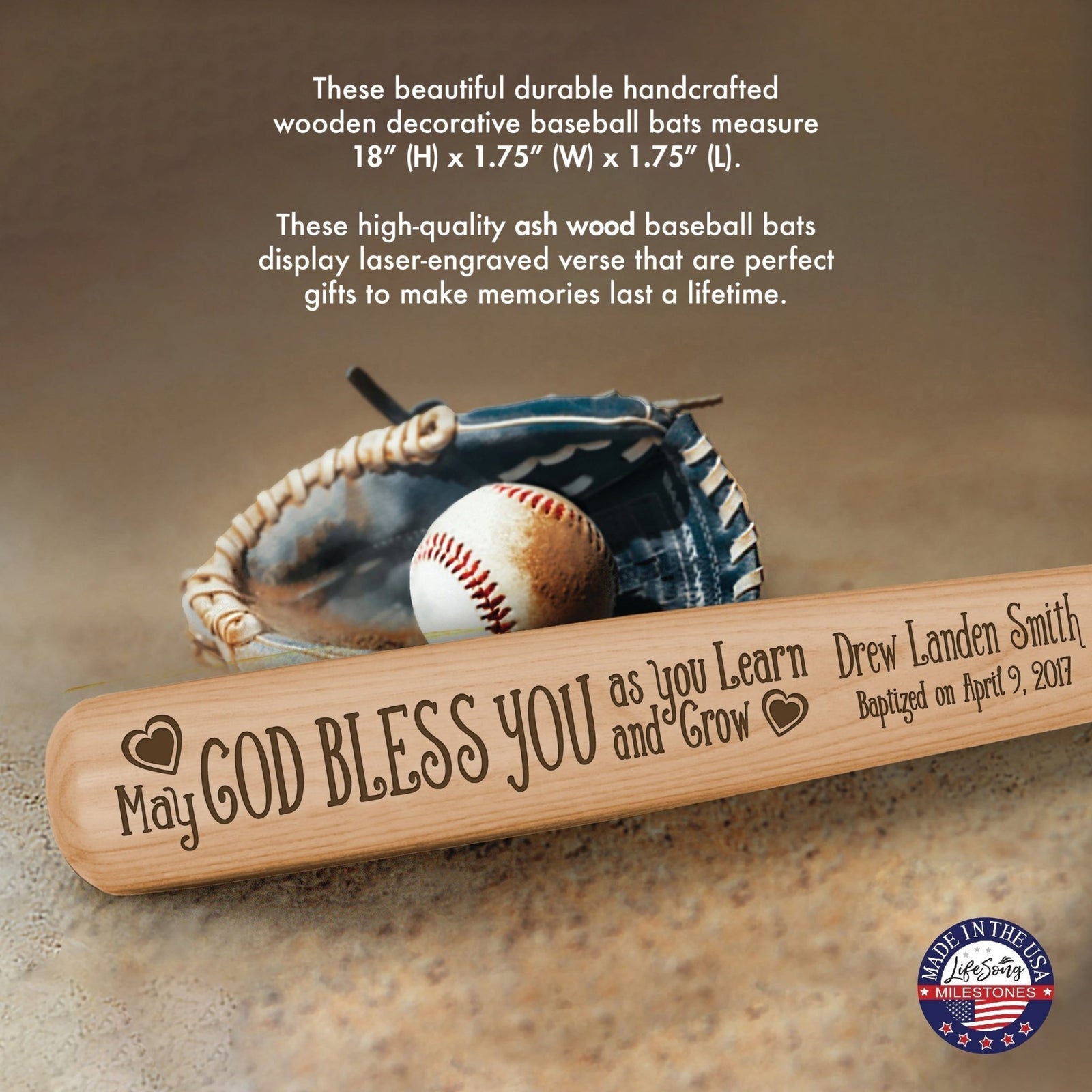 Personalized Baseball Bat Baptism Gifts For Boys - May God Bless You - LifeSong Milestones