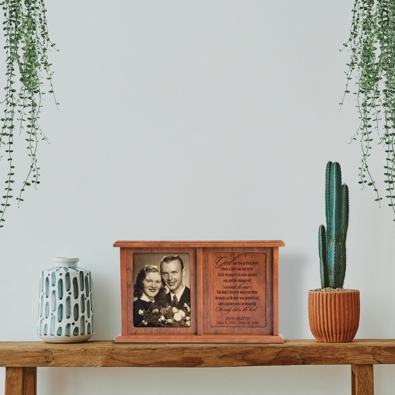 Personalized Companion Cremation Urn for Two – God Saw You Getting Tired Cherry Wood Double Urn with 5x7 Photo Frame - LifeSong Milestones