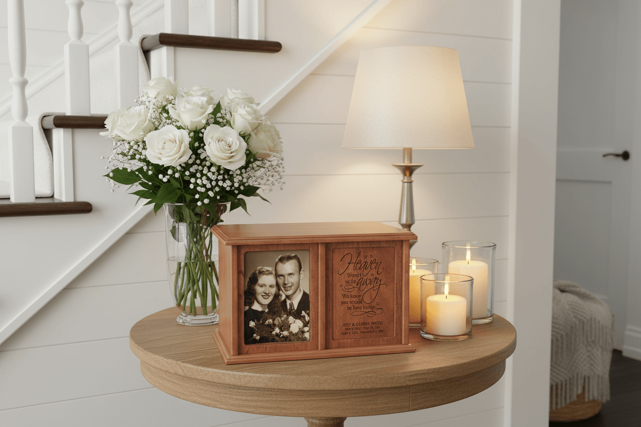Personalized Companion Cremation Urn for Two – If Heaven Wasn't So Far Away | Cherry Wood Double Urn with 5x7 Photo Frame - LifeSong Milestones