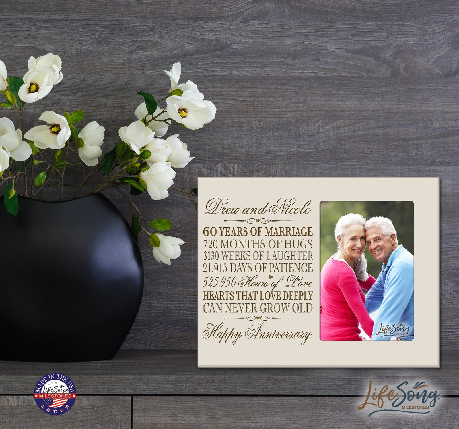 Personalized Couples 60th Wedding Anniversary Picture Frame Decorations - Hearts That Love Deeply - LifeSong Milestones