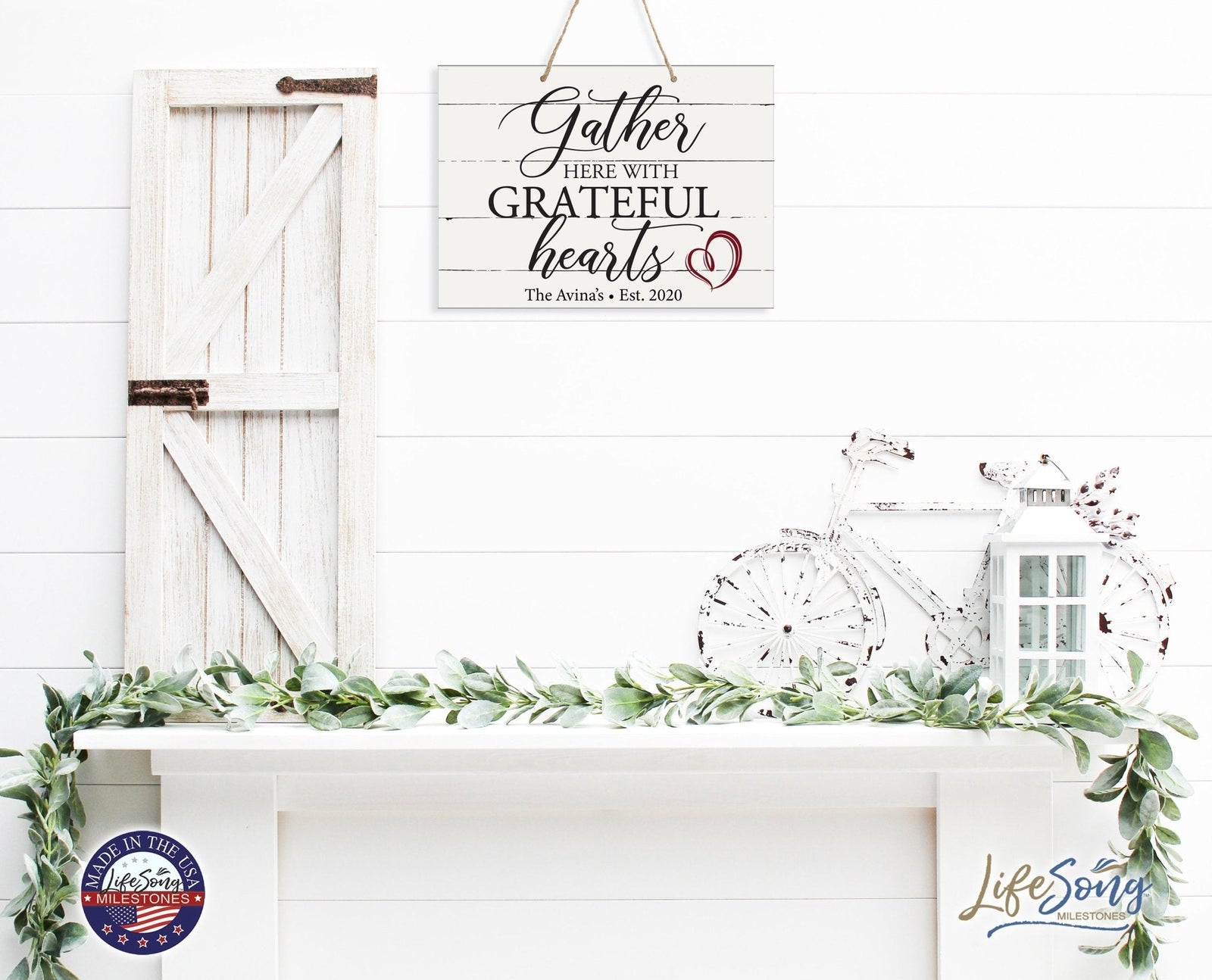 Personalized Modern Wooden Horizontal / Vertical Wall Hanging Rope Sign 12x15 - Gather Here With - LifeSong Milestones