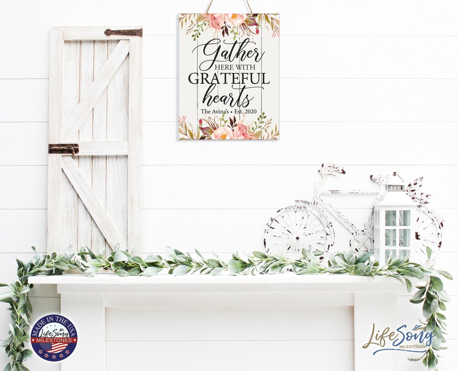 Personalized Modern Wooden Horizontal / Vertical Wall Hanging Rope Sign 12x15 - Gather Here With - LifeSong Milestones