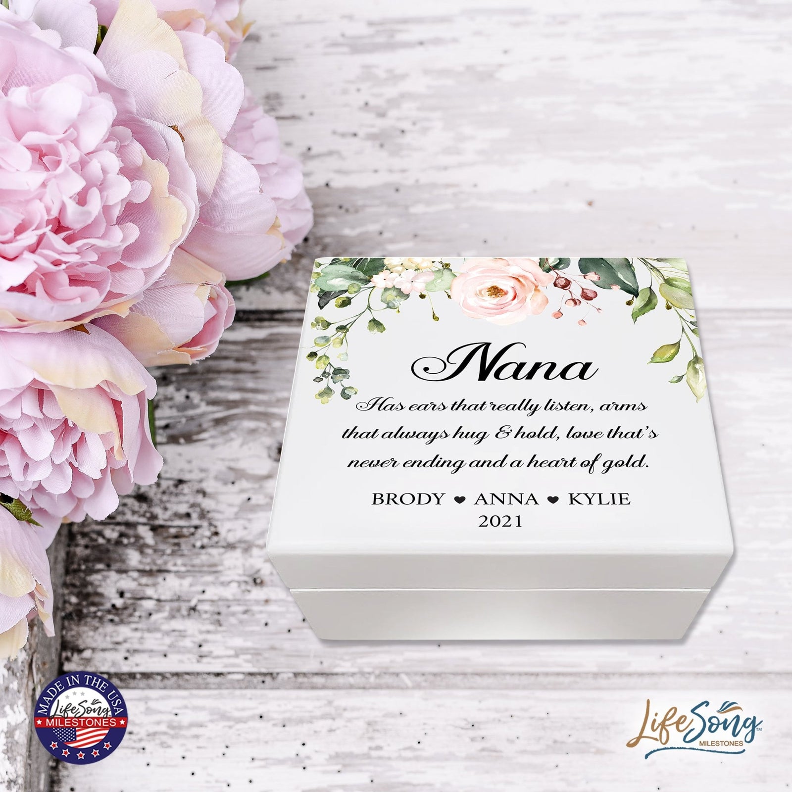 Personalized Nana’s White Keepsake Box 6x5.5 with Inspirational verse - A Heart Of Gold - LifeSong Milestones