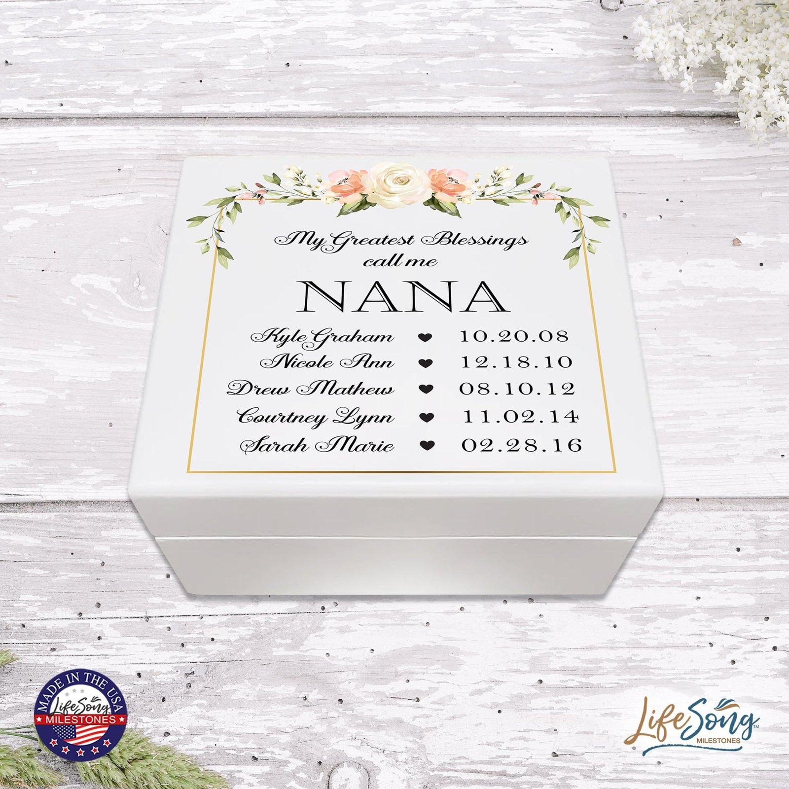Personalized Nana’s White Keepsake Box 6x5.5 with Inspirational verse - Greatest Blessing - LifeSong Milestones