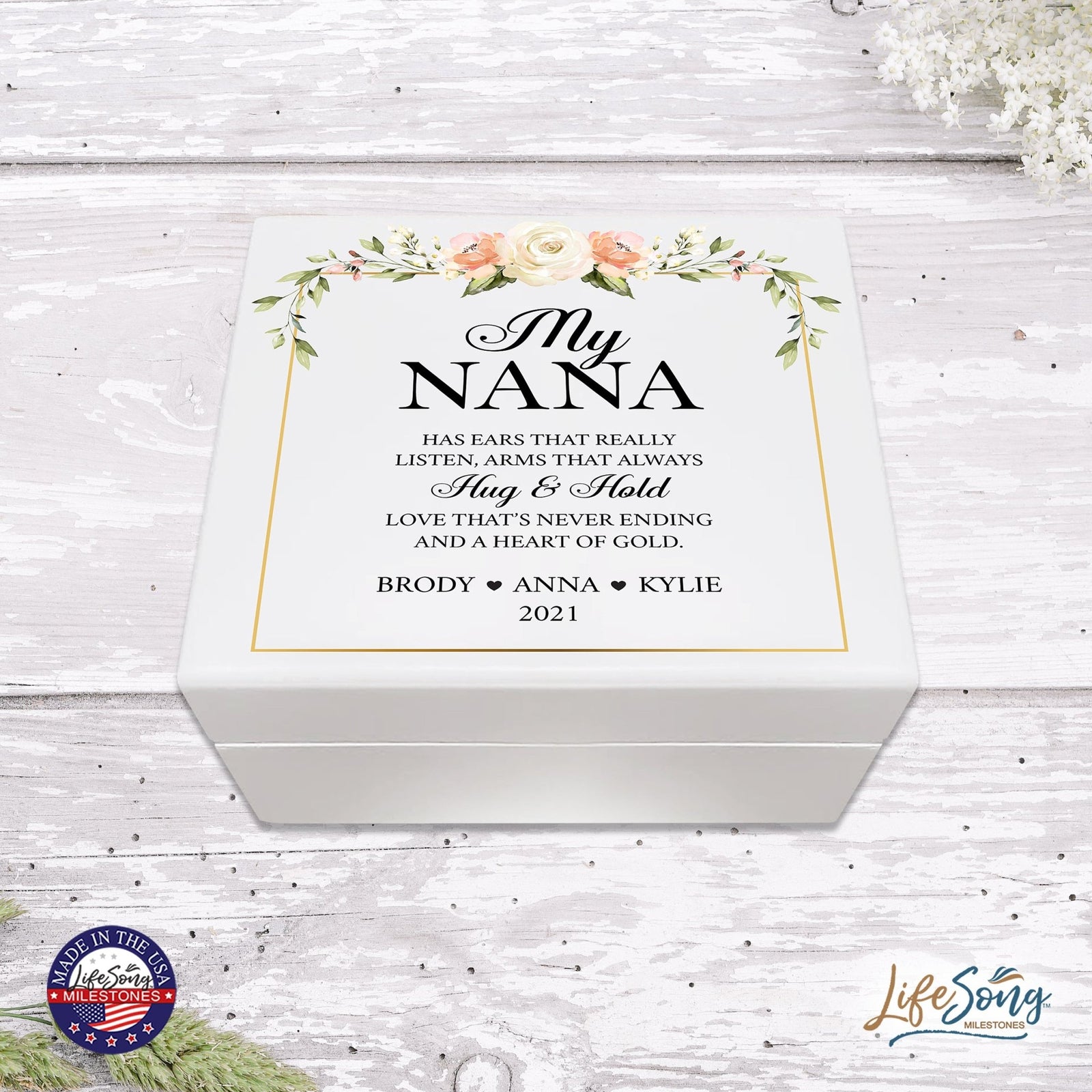 Personalized Nana’s White Keepsake Box 6x5.5 with Inspirational verse - Hug and Hold - LifeSong Milestones