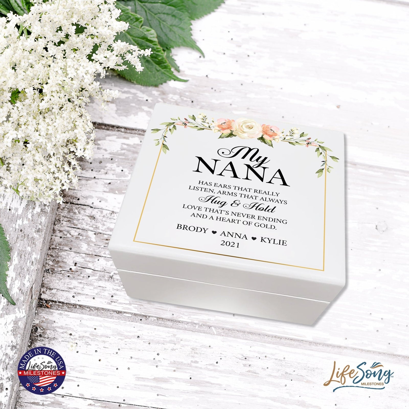 Personalized Nana’s White Keepsake Box 6x5.5 with Inspirational verse - Hug and Hold - LifeSong Milestones