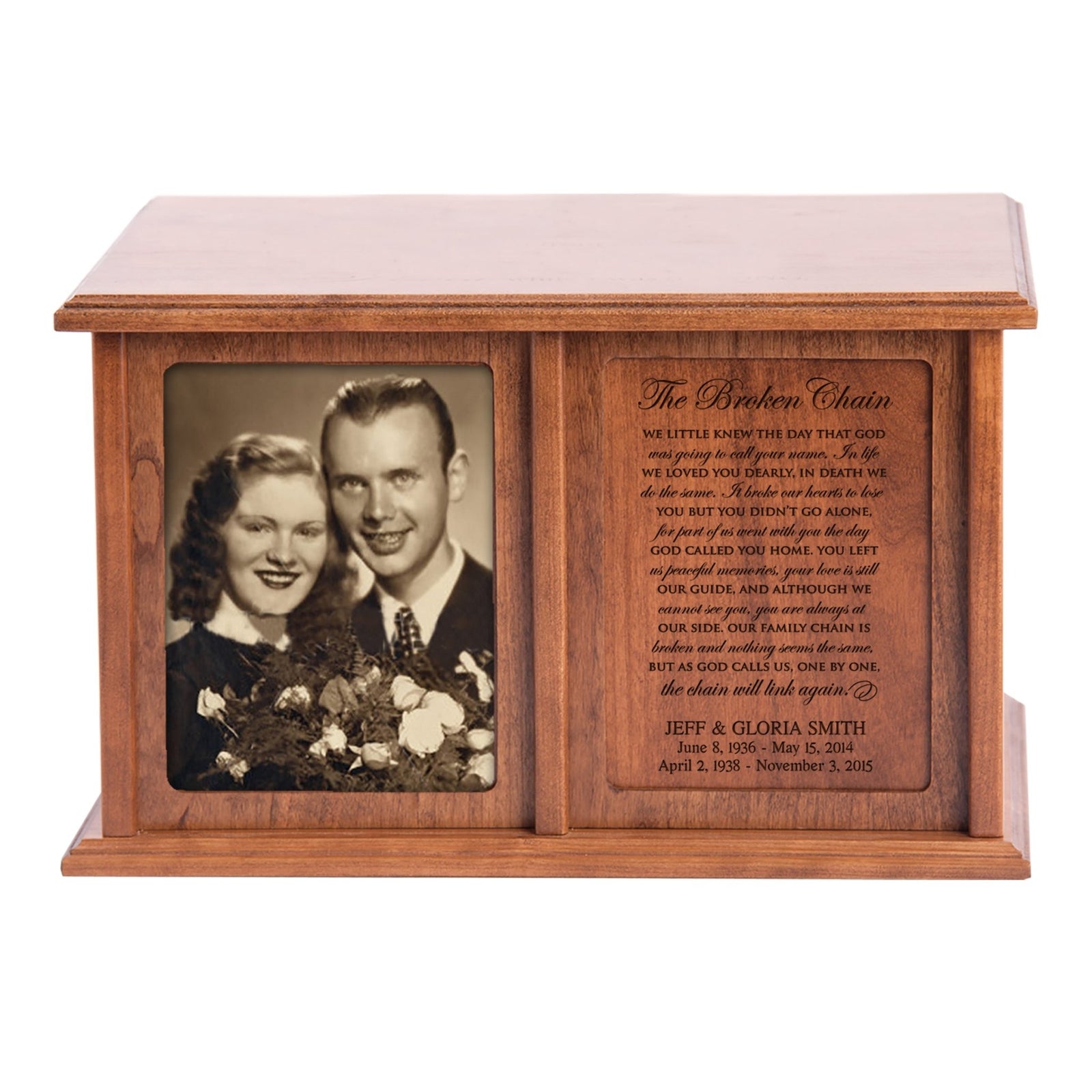 A wooden double urn for two sets of ashes, personalized with a classic design featuring a framed photo on the left and a blank panel on the right for customization. This decorative urn is ideal for preserving memories of loved ones with dignity and care.