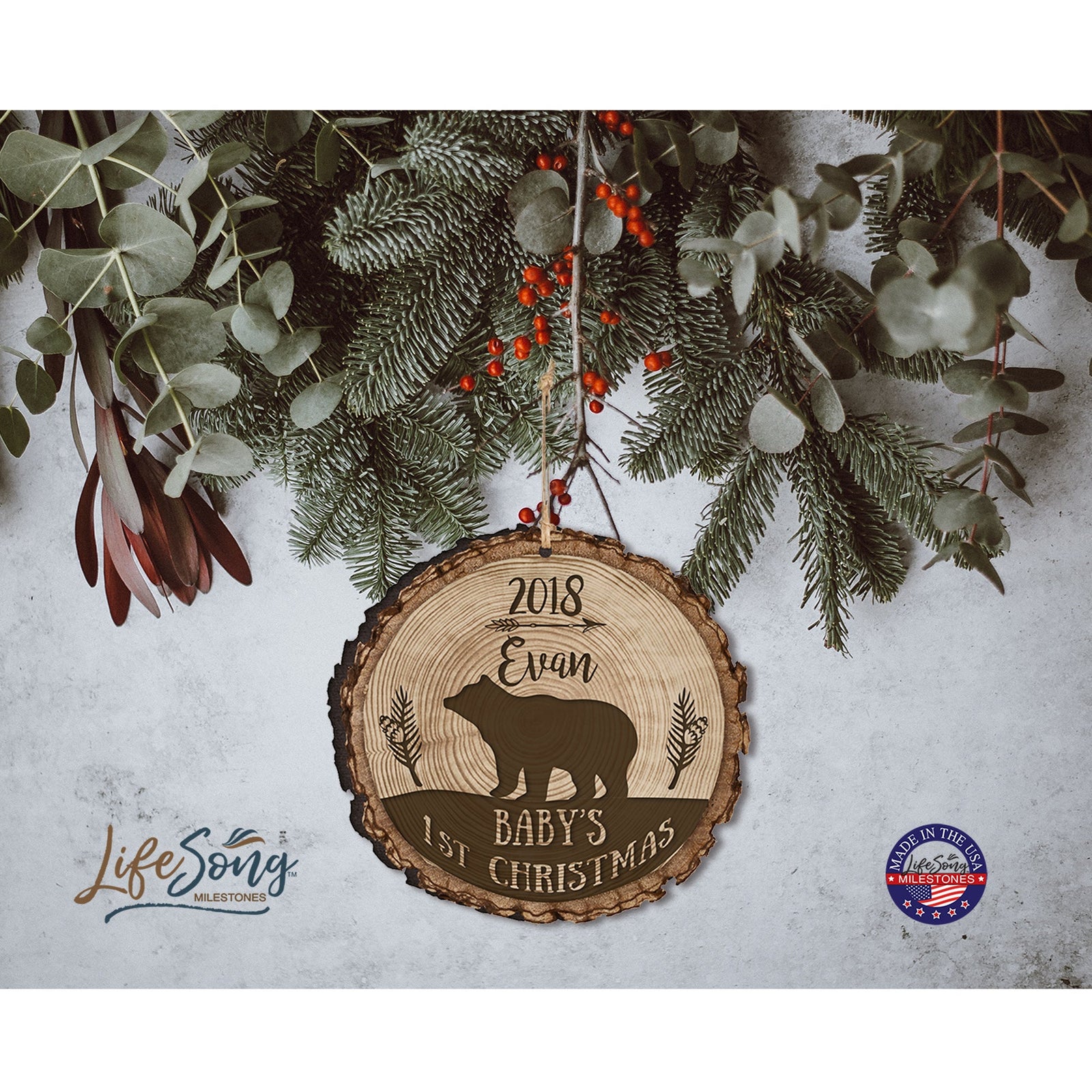 Personalized Round Bark Wood Ornament Baby's First Christmas - LifeSong Milestones