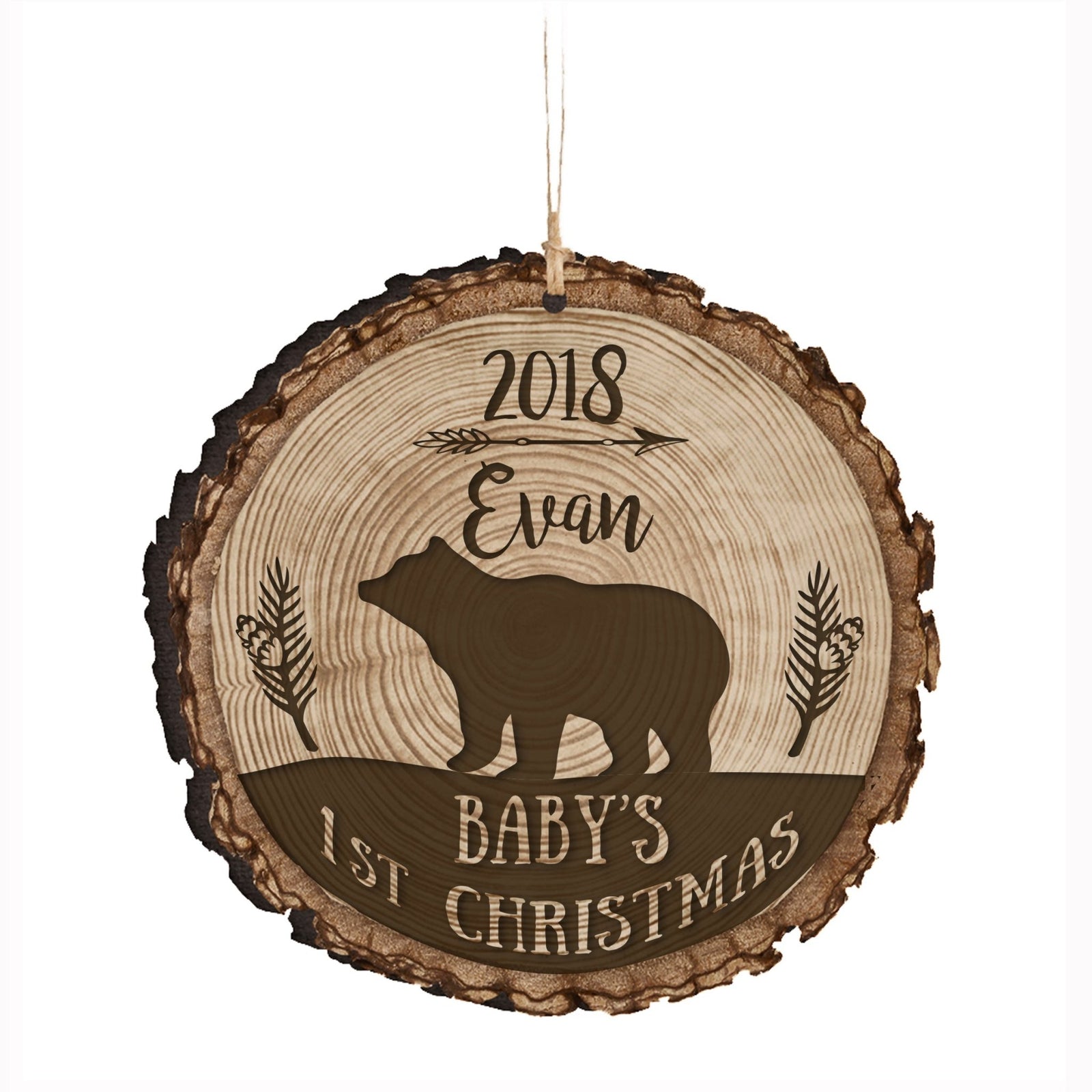 Personalized Round Bark Wood Ornament Baby's First Christmas - LifeSong Milestones