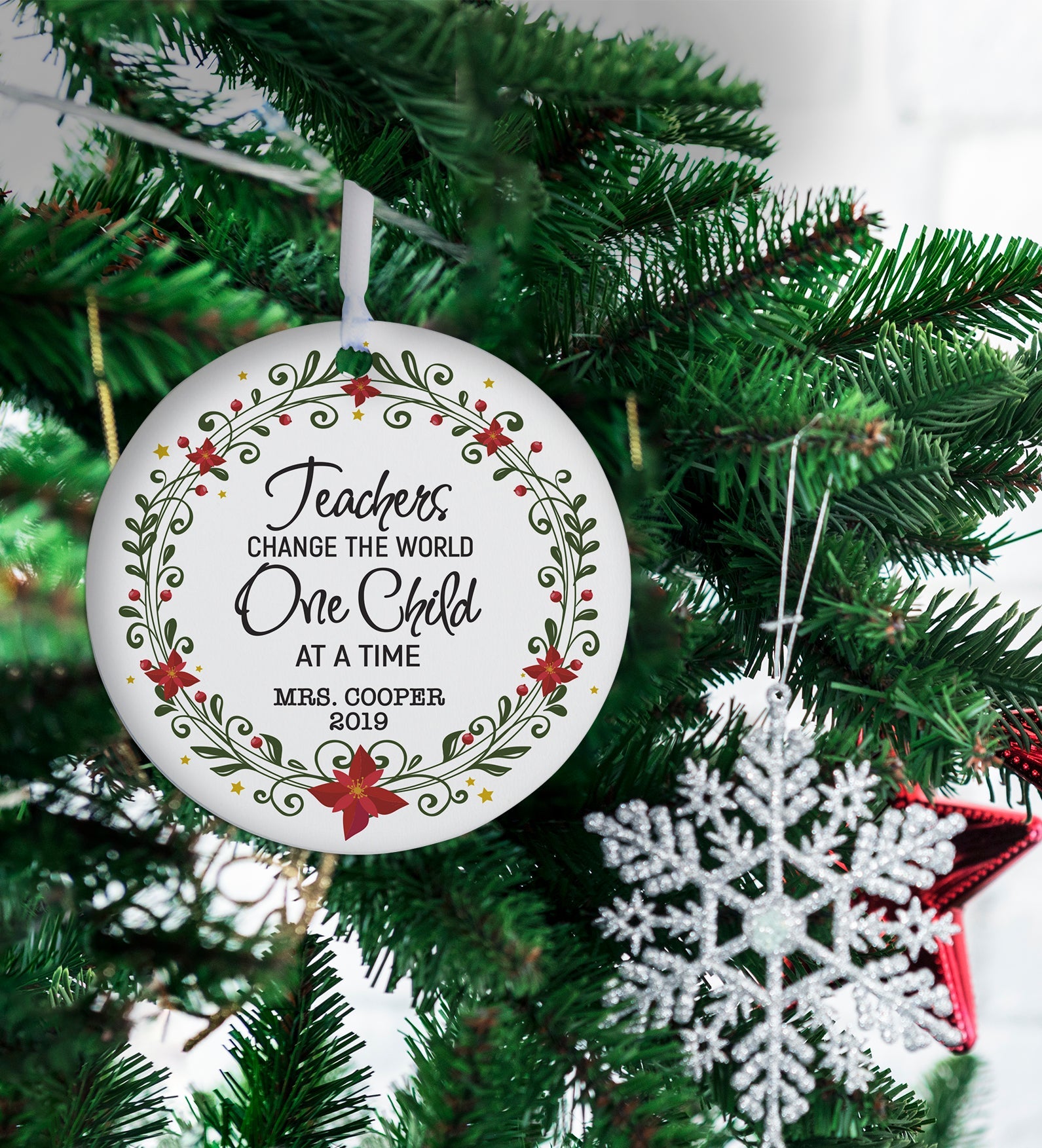 Personalized Round Christmas Ornament For Teachers Change The World - LifeSong Milestones