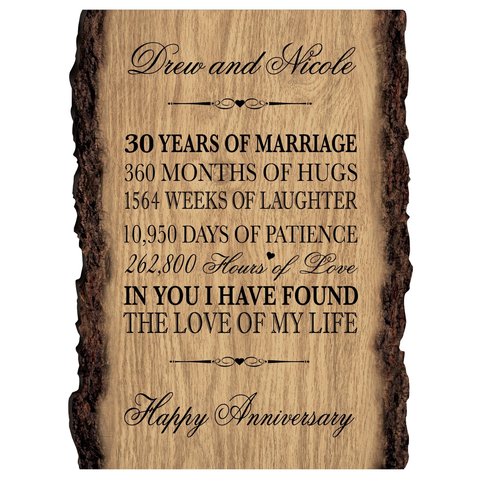 Personalized Rustic Wedding Anniversary 9x12 Barky Wall Plaque Gift For Parents, Grandparents New Couple - 30 Years Of Marriage - LifeSong Milestones
