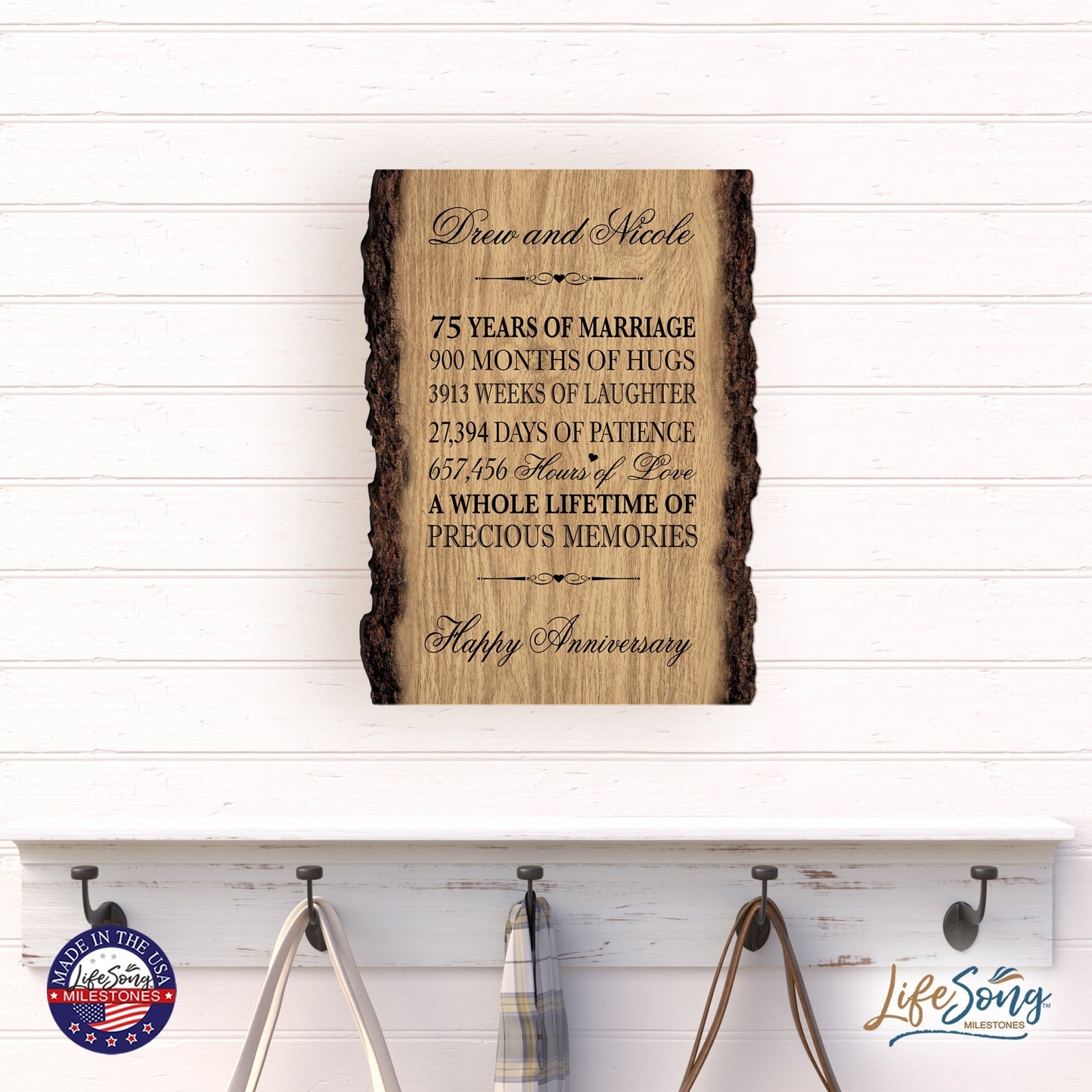 Personalized Rustic Wedding Anniversary 9x12 Barky Wall Plaque Gift For Parents, Grandparents New Couple - 75 Years Of Marriage - LifeSong Milestones