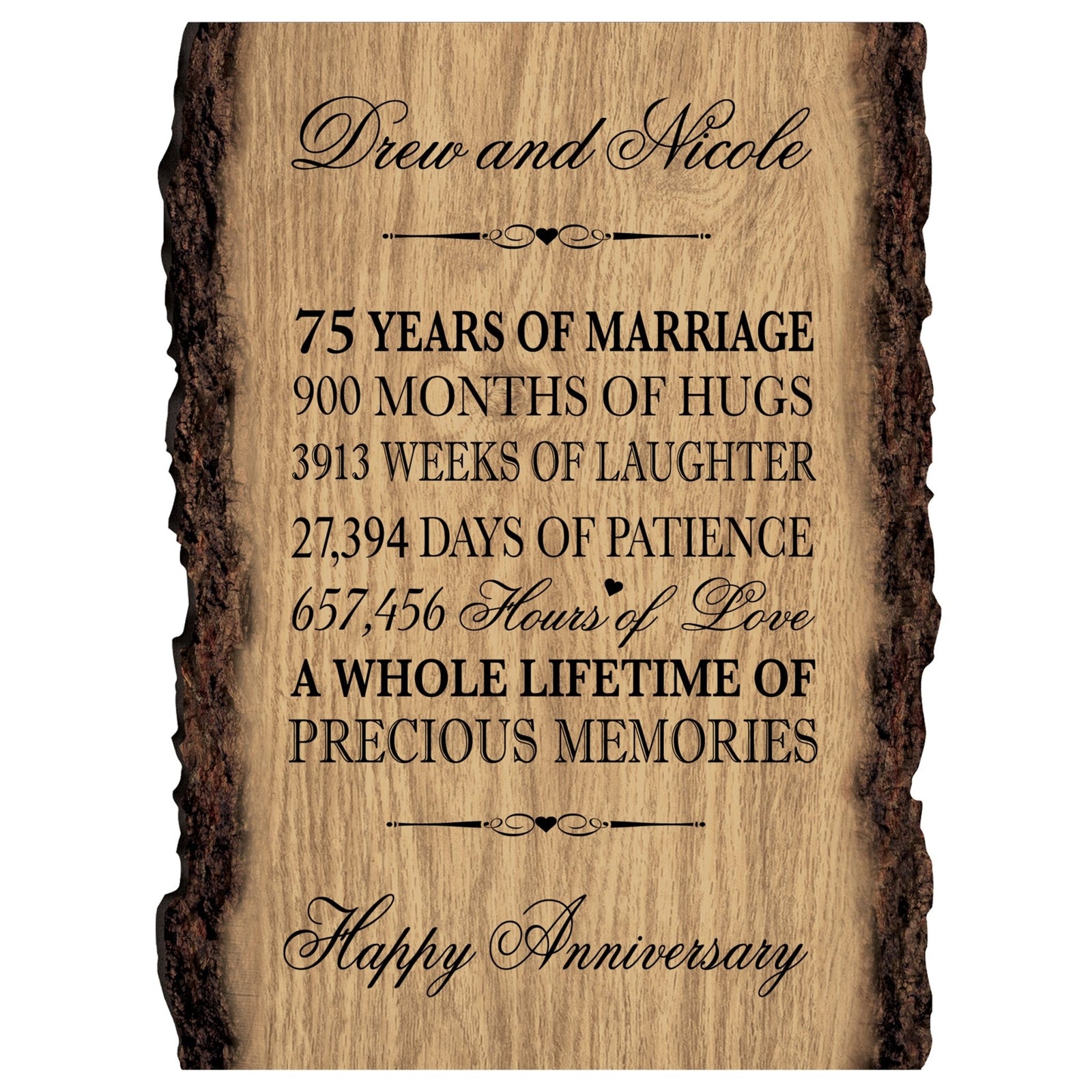 Personalized Rustic Wedding Anniversary 9x12 Barky Wall Plaque Gift For Parents, Grandparents New Couple - 75 Years Of Marriage - LifeSong Milestones