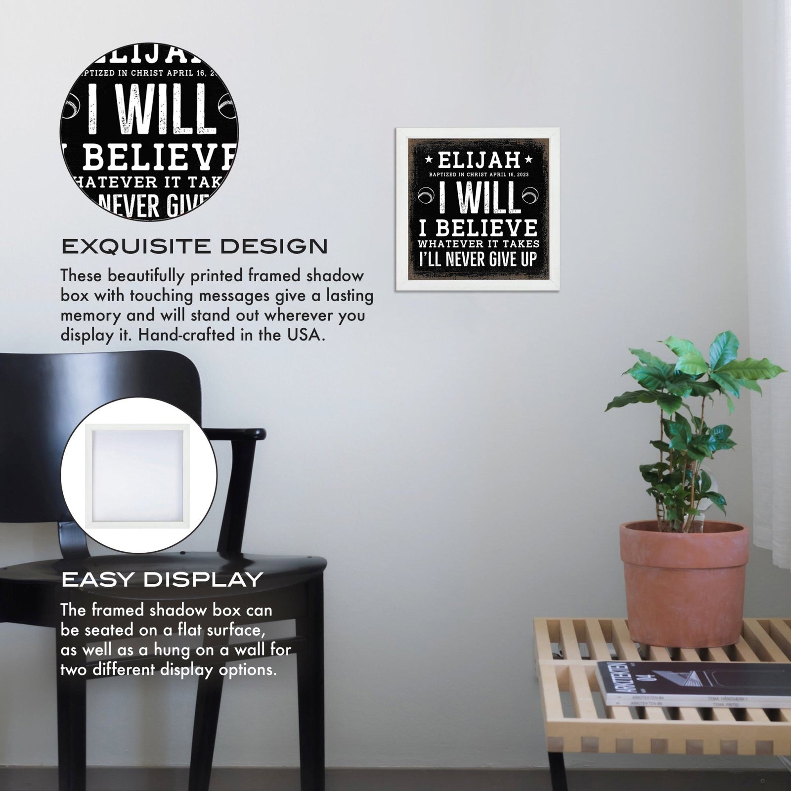 Personalized Rustic Wooden Baseball Shadow Box Shelf Décor With Inspiring Bible Verses - I Will, I Believe - LifeSong Milestones