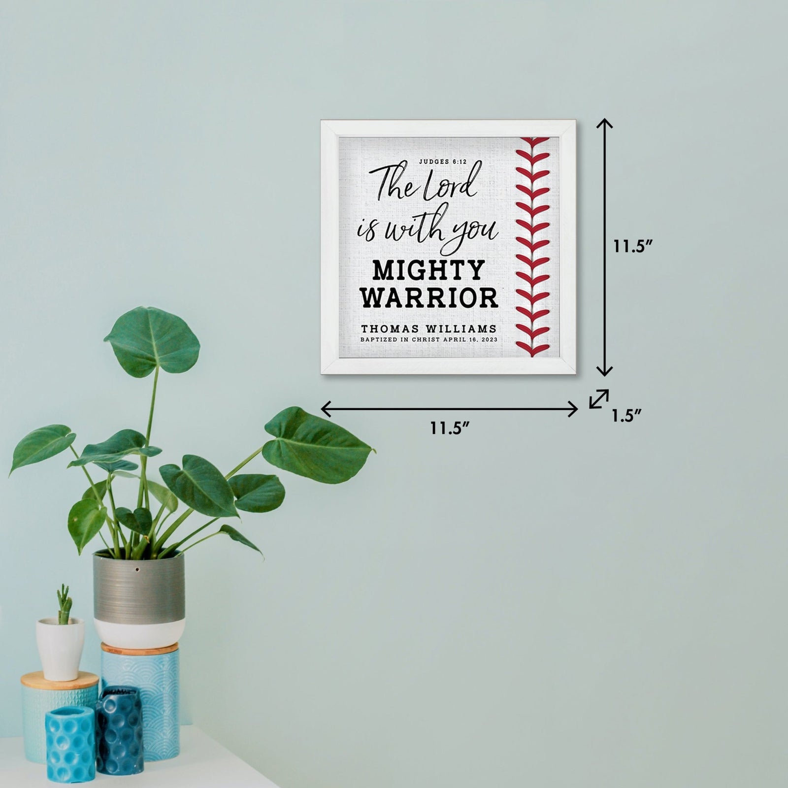 Personalized Rustic Wooden Baseball Shadow Box Shelf Décor With Inspiring Bible Verses - Mighty Warrior - LifeSong Milestones
