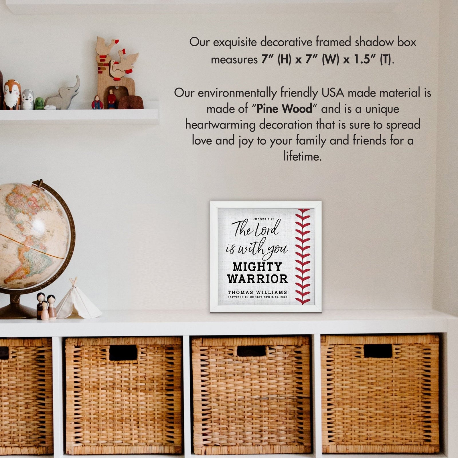 Personalized Rustic Wooden Baseball Shadow Box Shelf Décor With Inspiring Bible Verses - Mighty Warrior - LifeSong Milestones
