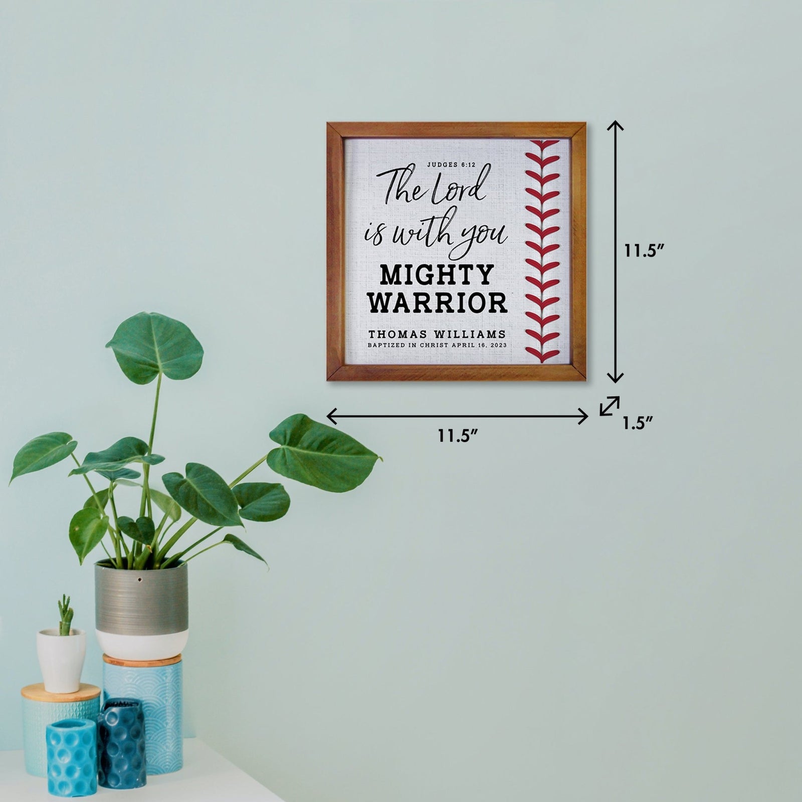 Personalized Rustic Wooden Baseball Shadow Box Shelf Décor With Inspiring Bible Verses - Mighty Warrior - LifeSong Milestones