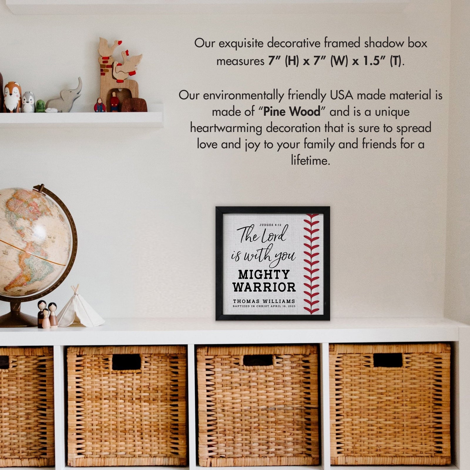 Personalized Rustic Wooden Baseball Shadow Box Shelf Décor With Inspiring Bible Verses - Mighty Warrior - LifeSong Milestones
