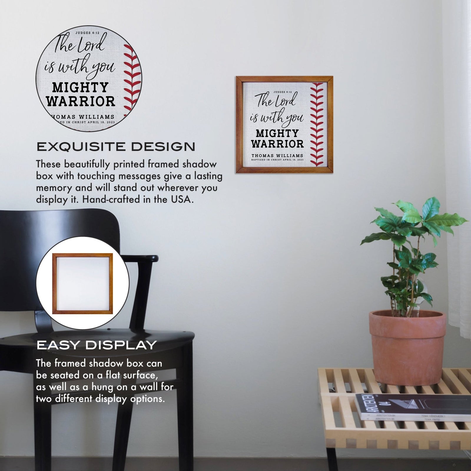 Personalized Rustic Wooden Baseball Shadow Box Shelf Décor With Inspiring Bible Verses - Mighty Warrior - LifeSong Milestones