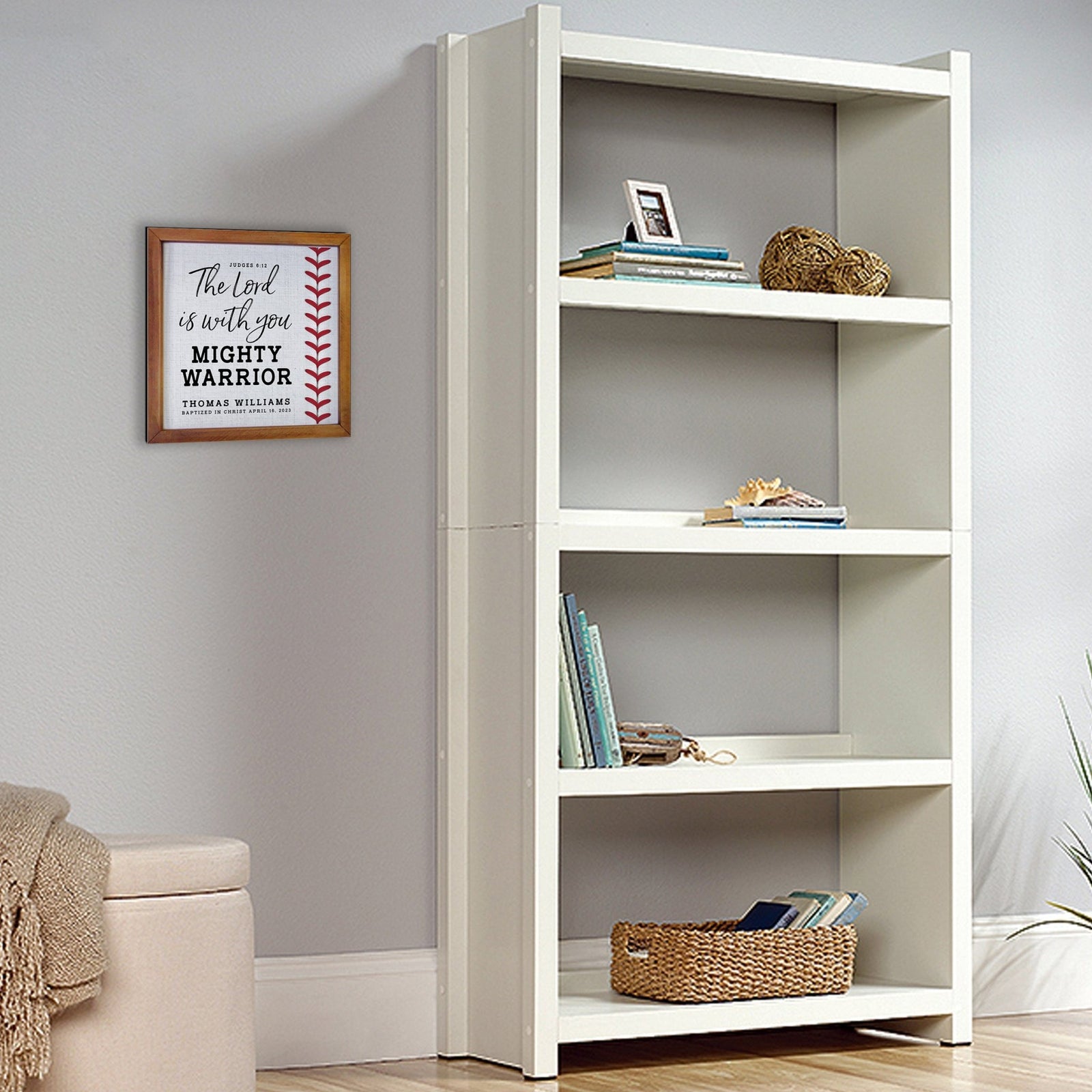 Personalized Rustic Wooden Baseball Shadow Box Shelf Décor With Inspiring Bible Verses - Mighty Warrior - LifeSong Milestones