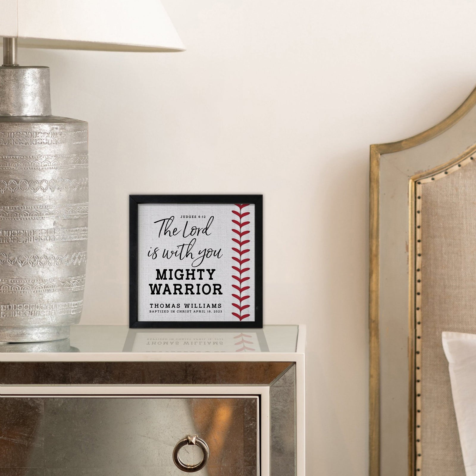 Personalized Rustic Wooden Baseball Shadow Box Shelf Décor With Inspiring Bible Verses - Mighty Warrior - LifeSong Milestones