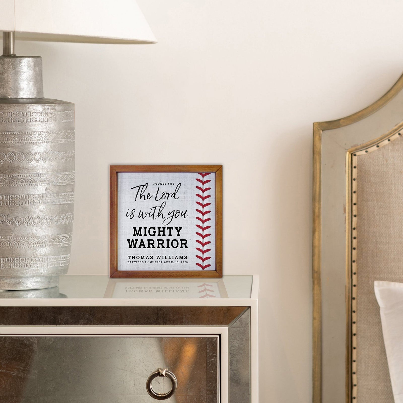 Personalized Rustic Wooden Baseball Shadow Box Shelf Décor With Inspiring Bible Verses - Mighty Warrior - LifeSong Milestones
