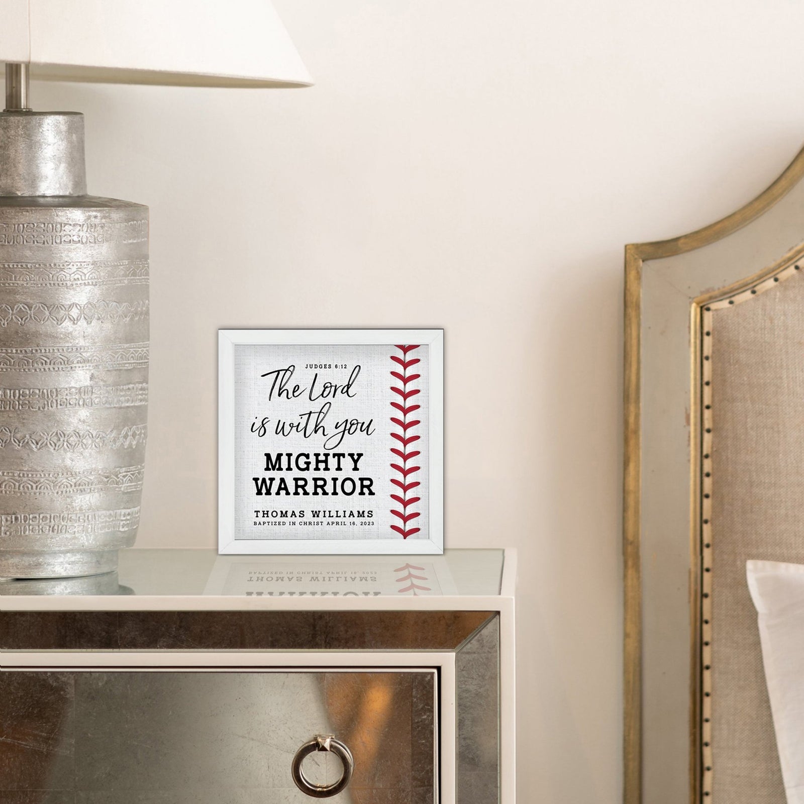 Personalized Rustic Wooden Baseball Shadow Box Shelf Décor With Inspiring Bible Verses - Mighty Warrior - LifeSong Milestones