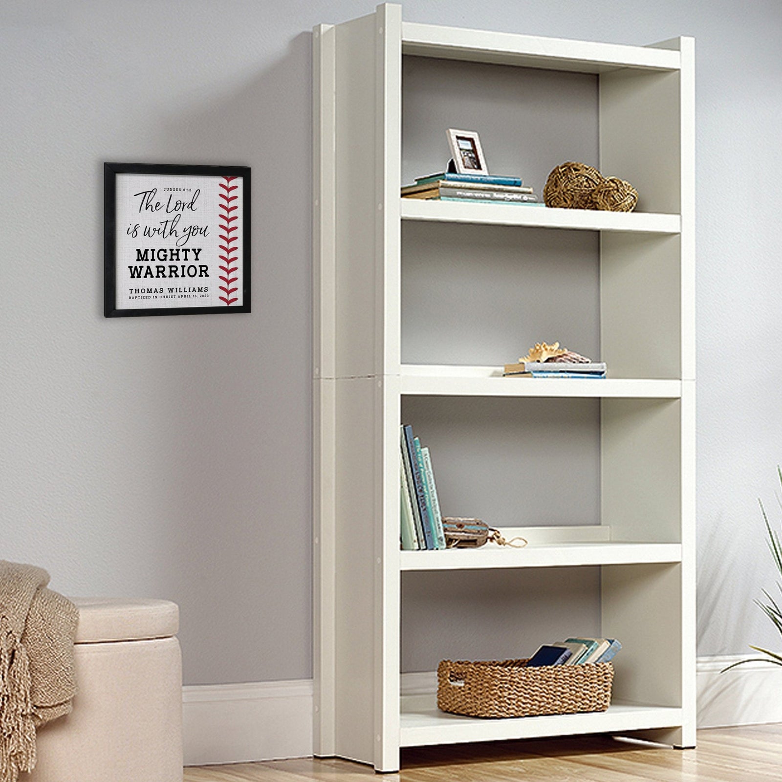 Personalized Rustic Wooden Baseball Shadow Box Shelf Décor With Inspiring Bible Verses - Mighty Warrior - LifeSong Milestones