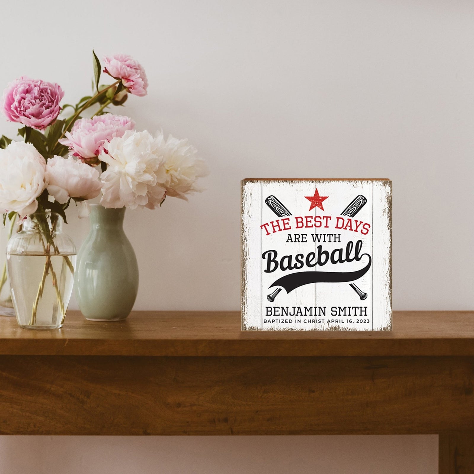 Personalized Rustic Wooden Baseball Shadow Box Shelf Décor With Inspiring Bible Verses - The Best Days - LifeSong Milestones