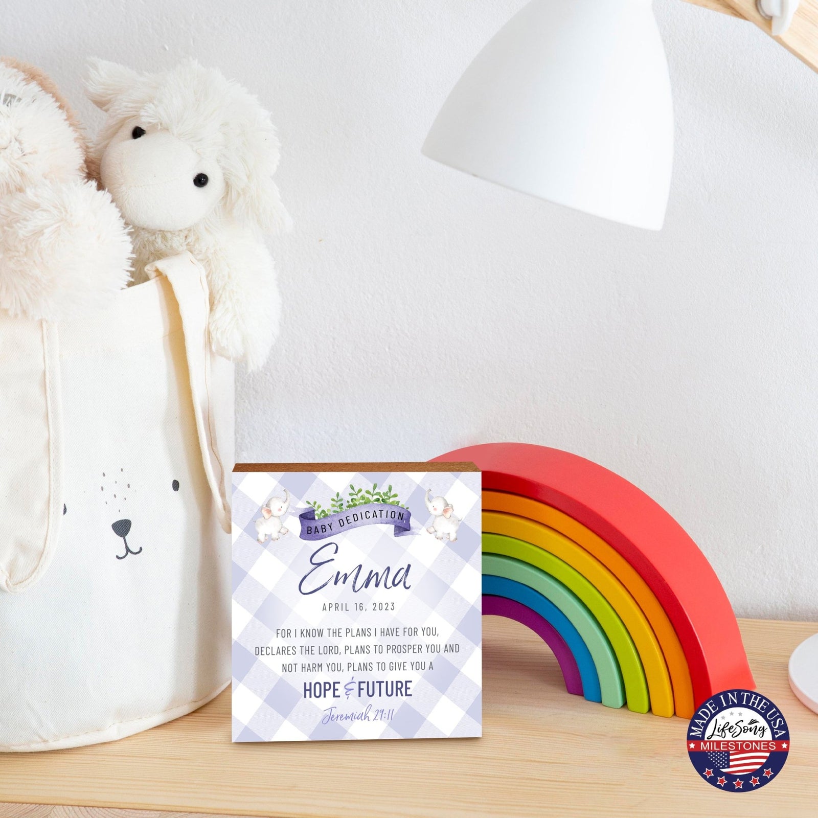 Personalized Shelf Décor and Tabletop Signs for Baby Dedication - LifeSong Milestones
