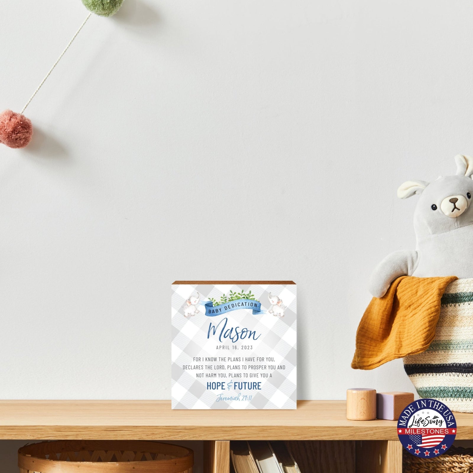 Personalized Shelf Décor and Tabletop Signs for Baby Dedication - LifeSong Milestones