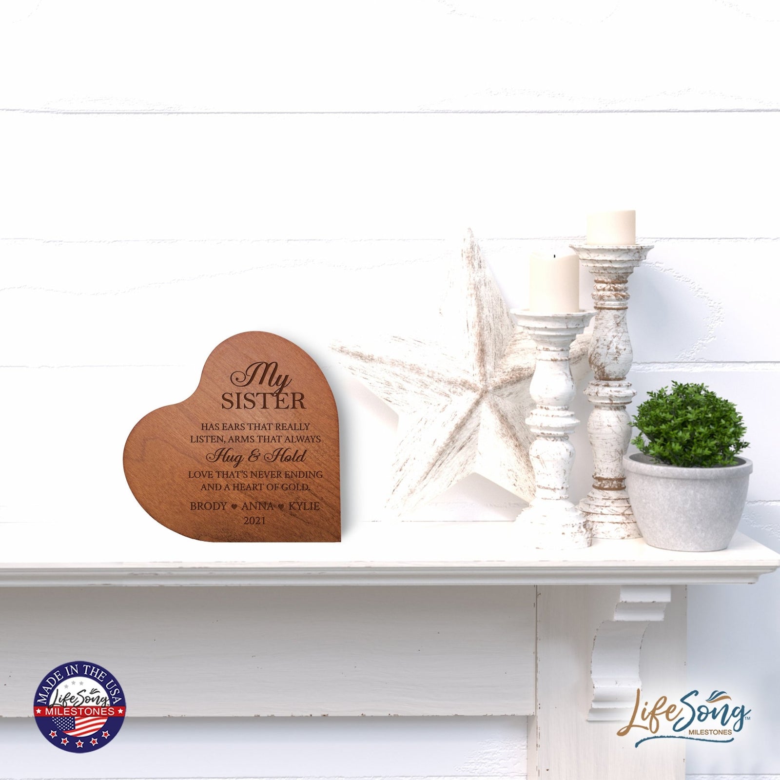 Personalized Sister’s Love Wooden Solid Wood Heart Decoration With Inspirational Verse 5x5.25 - Sister Has Ears That Really = Hug & Hold - LifeSong Milestones