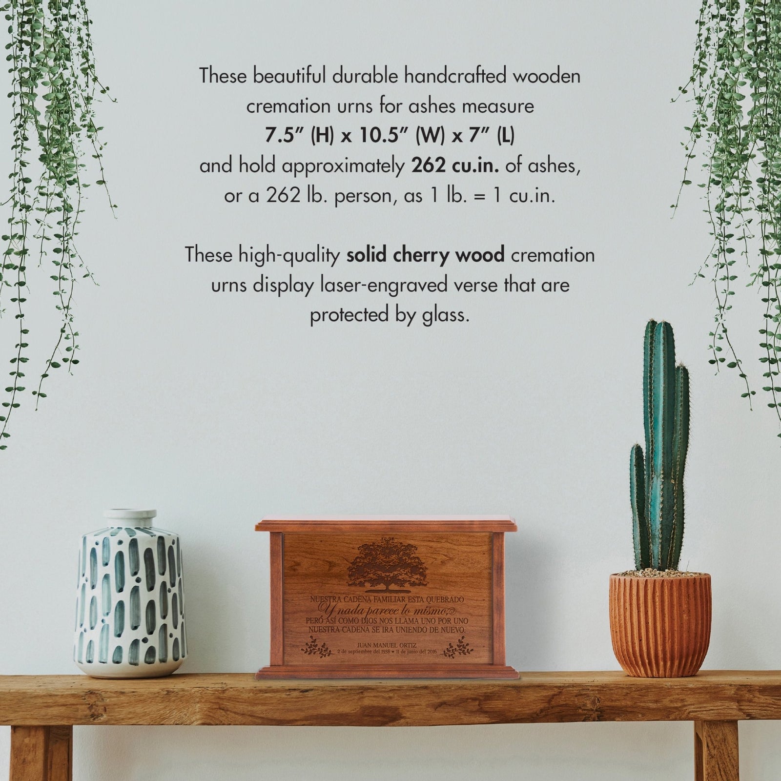Personalized Spanish Engraved Wooden Cremation Urn Box for Adult Ashes - Nuestra Cadena Familiar - LifeSong Milestones