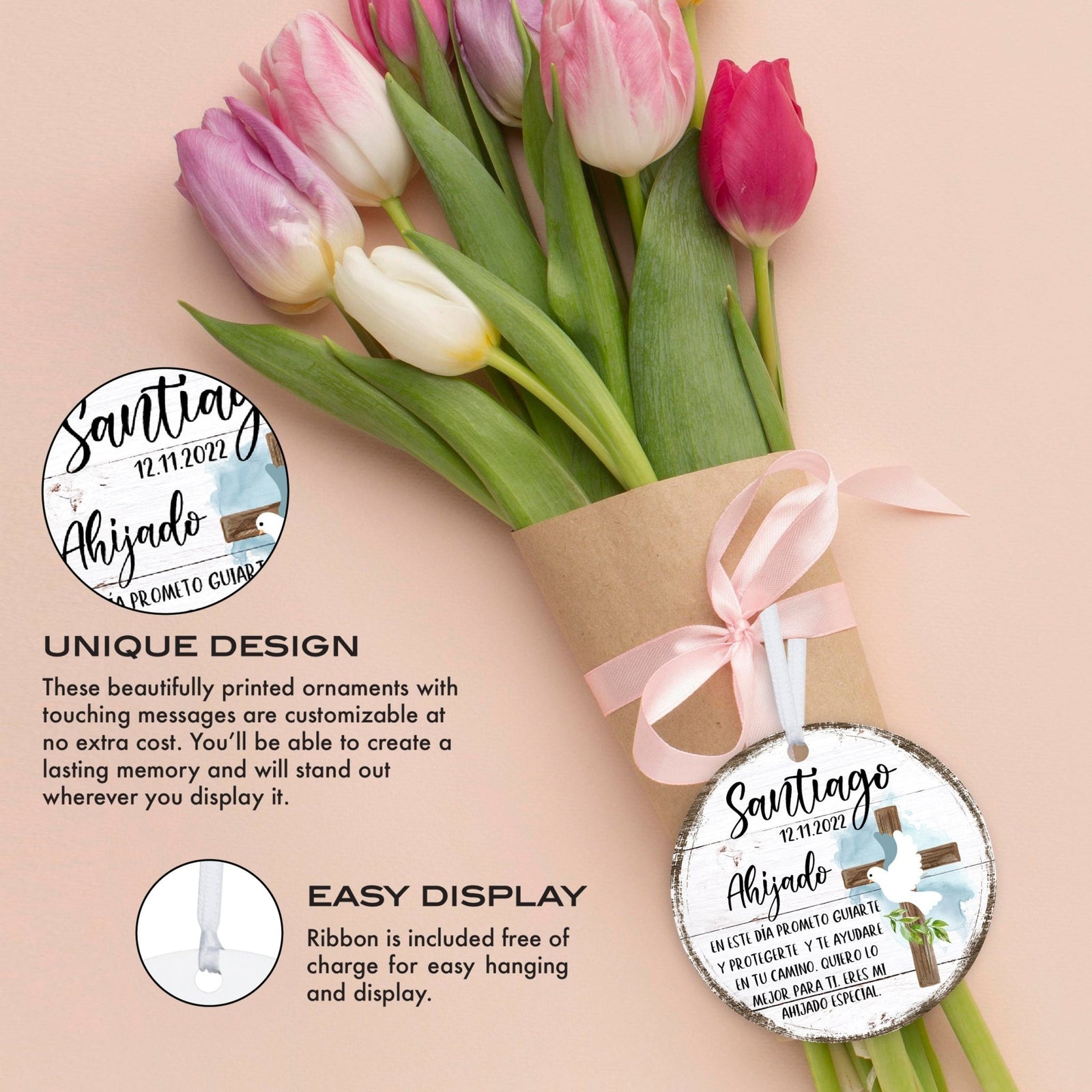 Personalized Spanish Wooden Baptism Ornament Gift for Godson - En Este Dia Prometo - LifeSong Milestones