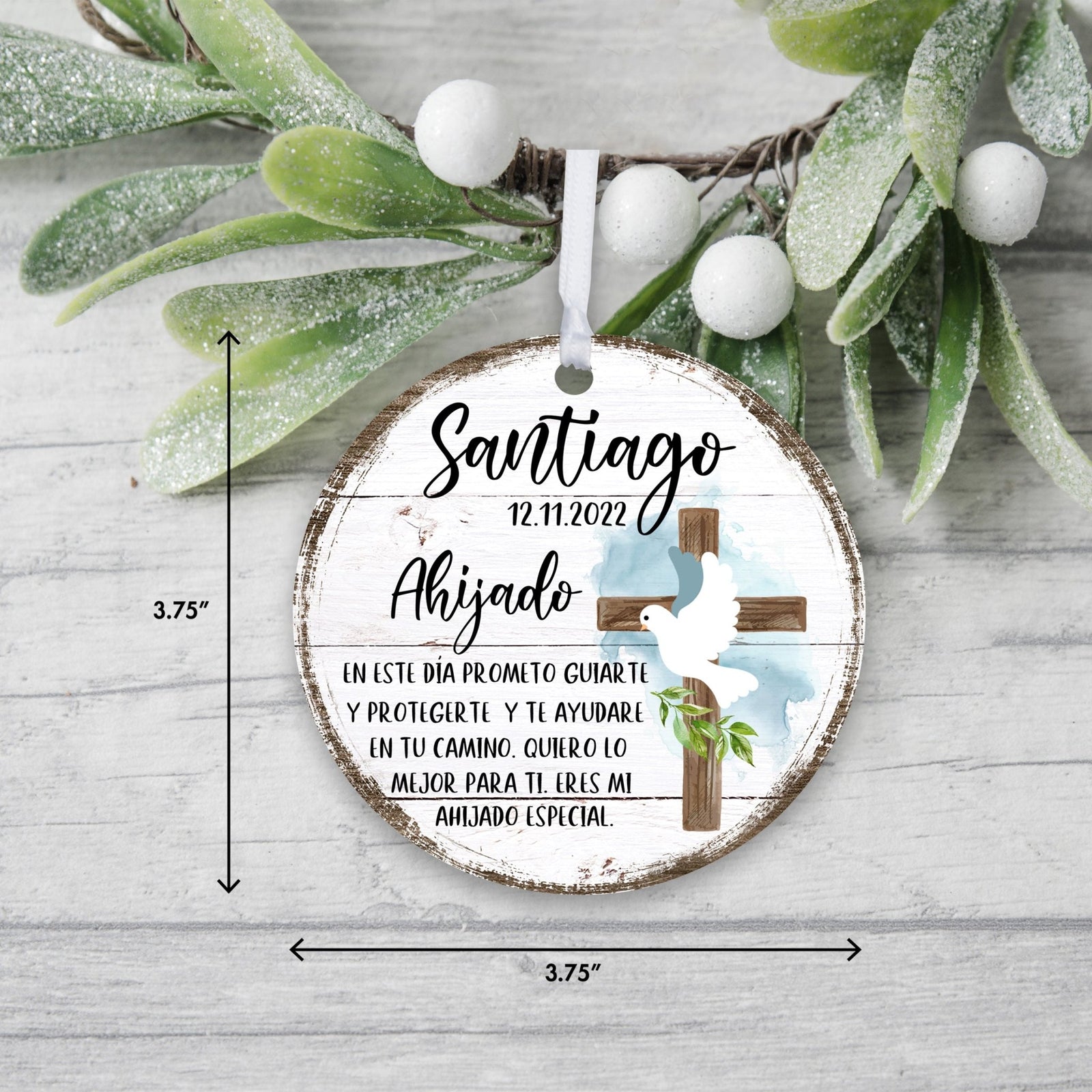 Personalized Spanish Wooden Baptism Ornament Gift for Godson - En Este Dia Prometo - LifeSong Milestones