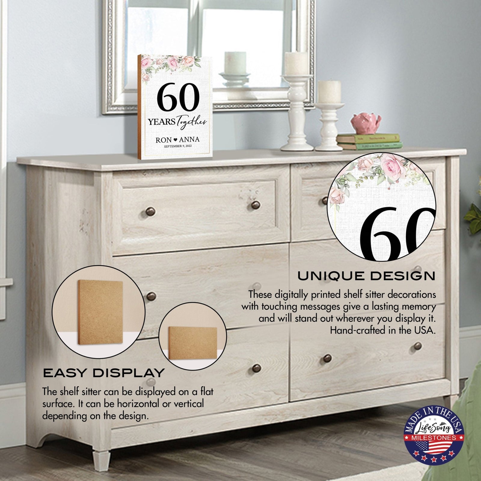 Personalized Unique Shelf Décor and Tabletop Signs Gifts for 60th Wedding Anniversary - LifeSong Milestones