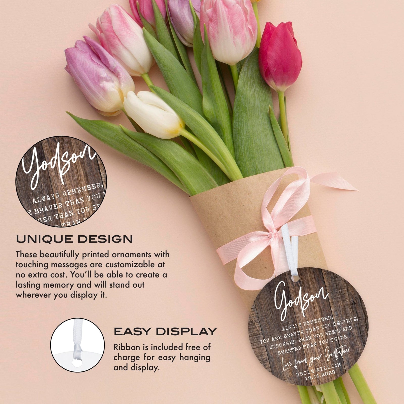 Personalized Unique Wooden Baptism Ornament Gift for Godson - Always Remember You Are Braver - LifeSong Milestones