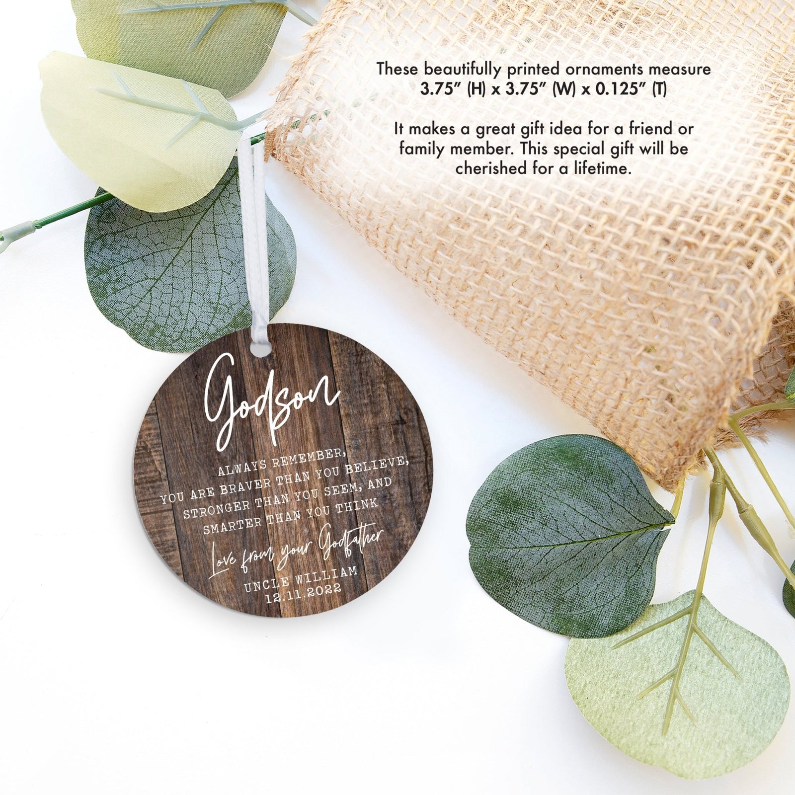 Personalized Unique Wooden Baptism Ornament Gift for Godson - Always Remember You Are Braver - LifeSong Milestones