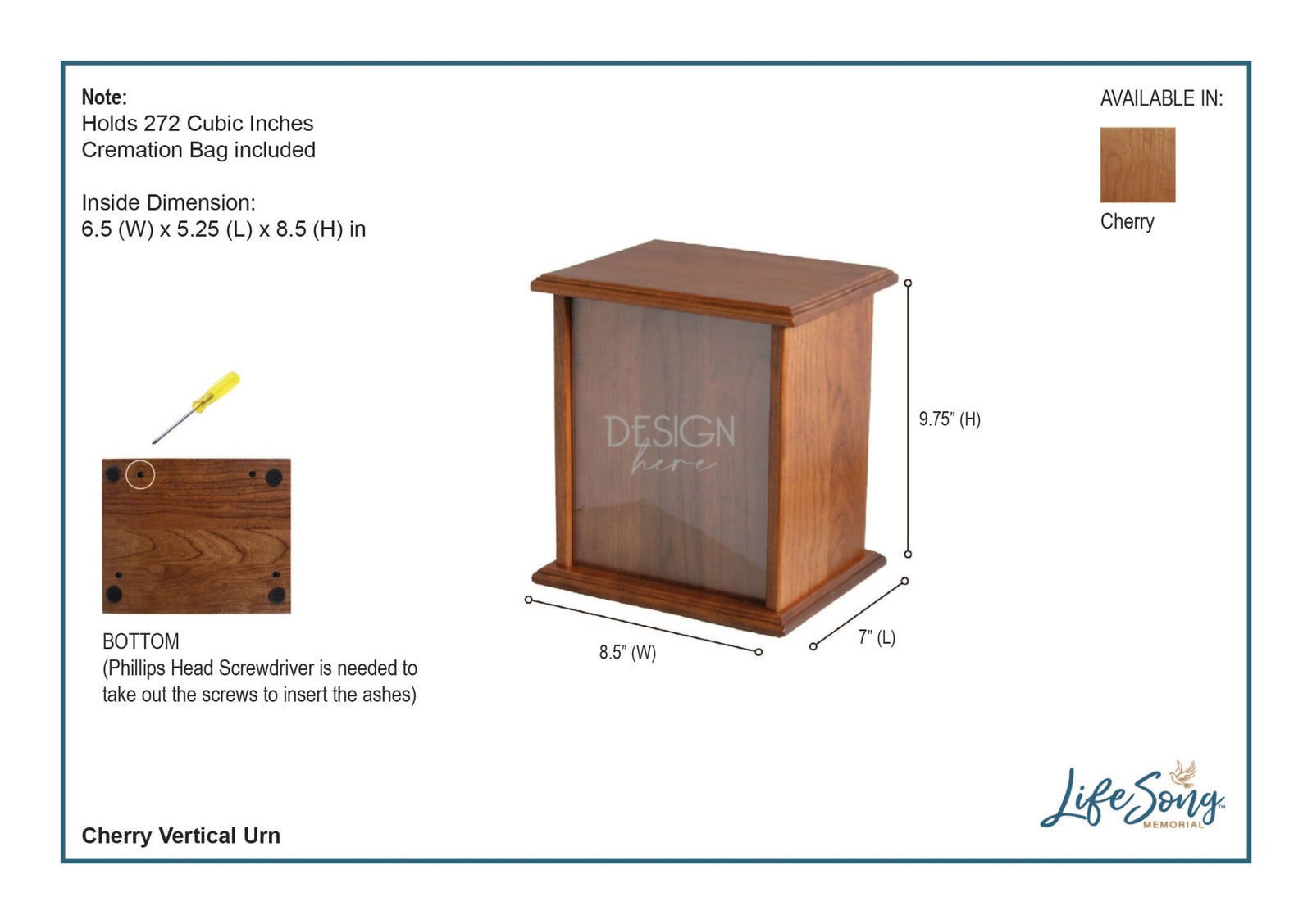 Personalized Vertical Cherry Urn for Loss of Loved One 9.75 x 8.5 - It Broke Our Hearts - LifeSong Milestones