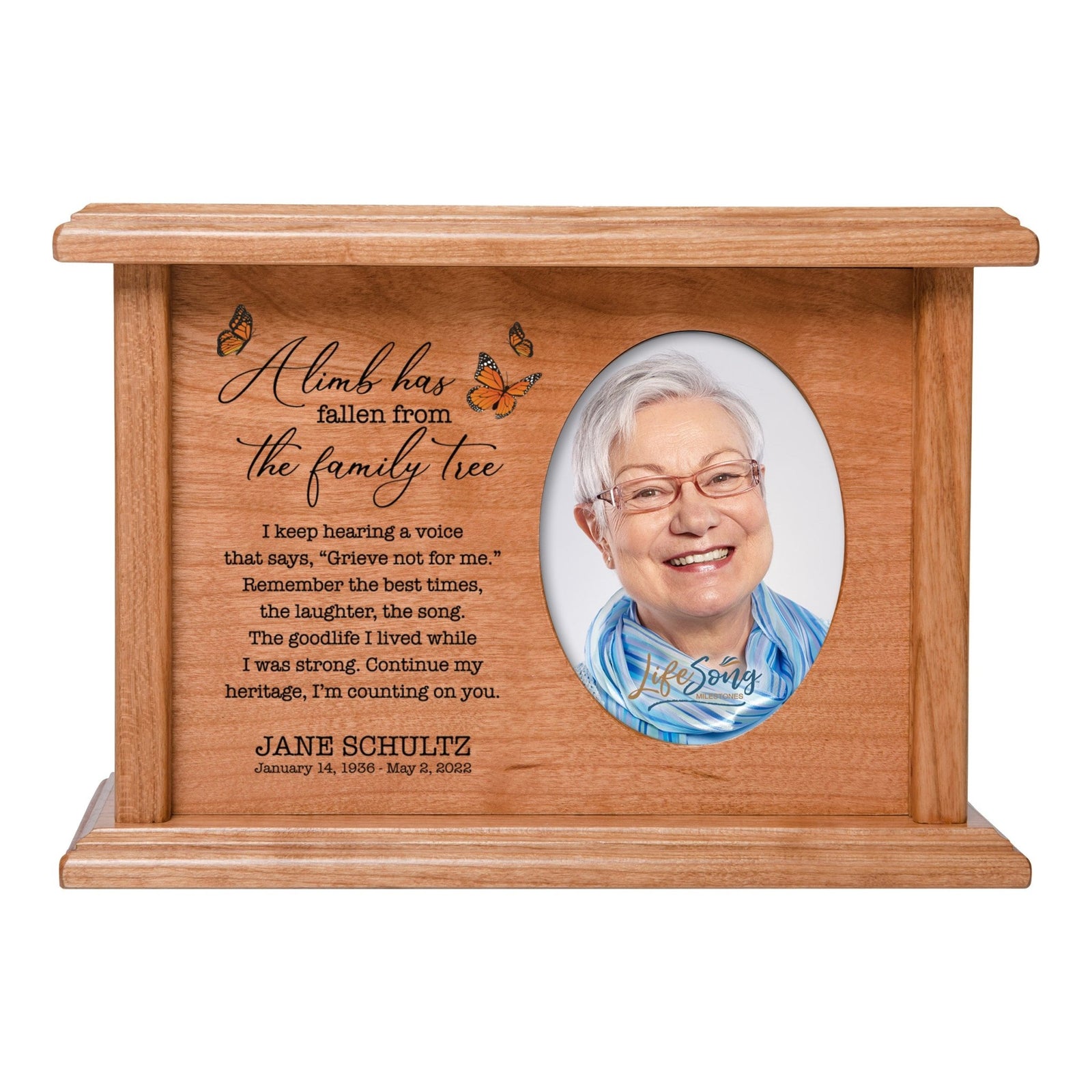 Personalized Vintage-Inspired Memorial Cremation Wooden Oval Photo Urn For Human Ashes - A Limb Has fallen - LifeSong Milestones