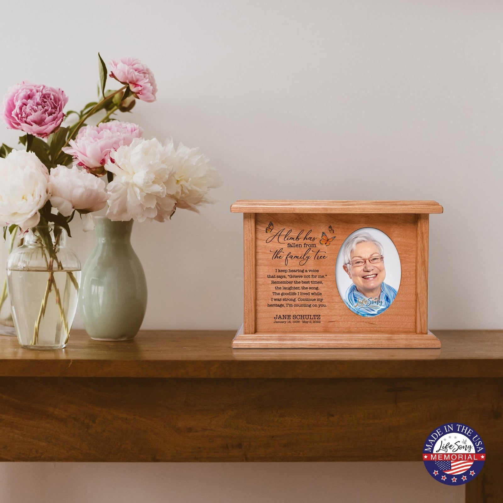 Personalized Vintage-Inspired Memorial Cremation Wooden Oval Photo Urn For Human Ashes - A Limb Has fallen - LifeSong Milestones