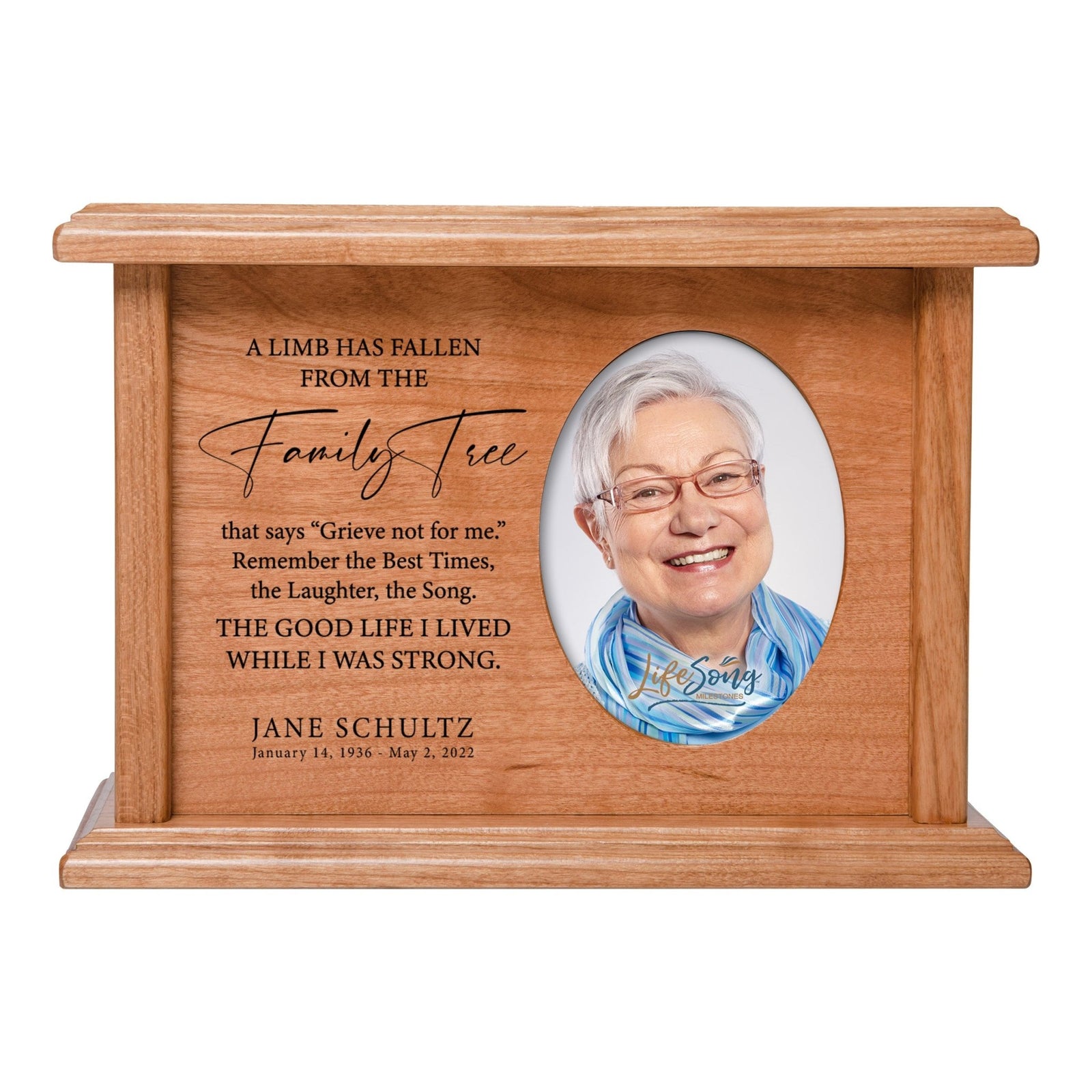 Personalized Vintage-Inspired Memorial Cremation Wooden Oval Photo Urn For Human Ashes - A Limb Has fallen - LifeSong Milestones
