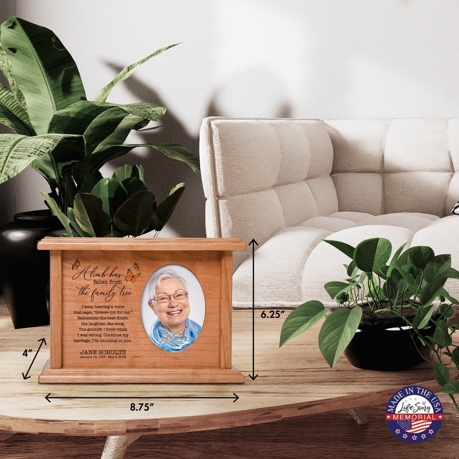 Personalized Vintage-Inspired Memorial Cremation Wooden Oval Photo Urn For Human Ashes - A Limb Has fallen - LifeSong Milestones