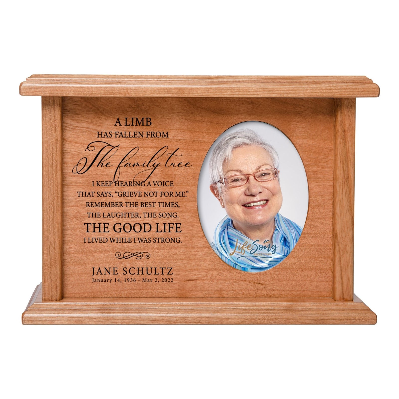 Personalized Vintage-Inspired Memorial Cremation Wooden Oval Photo Urn For Human Ashes - A Limb Has fallen - LifeSong Milestones