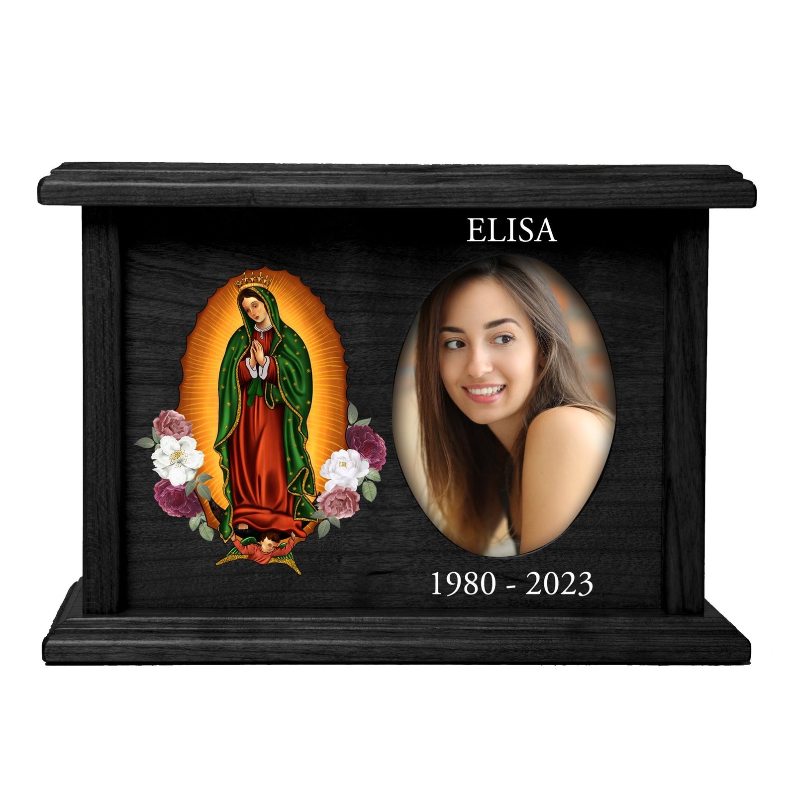 Personalized Virgin Lady of Guadalupe Memorial Cremation Oval Photo Urn For Adult Human Ashes In Spanish - LifeSong Milestones