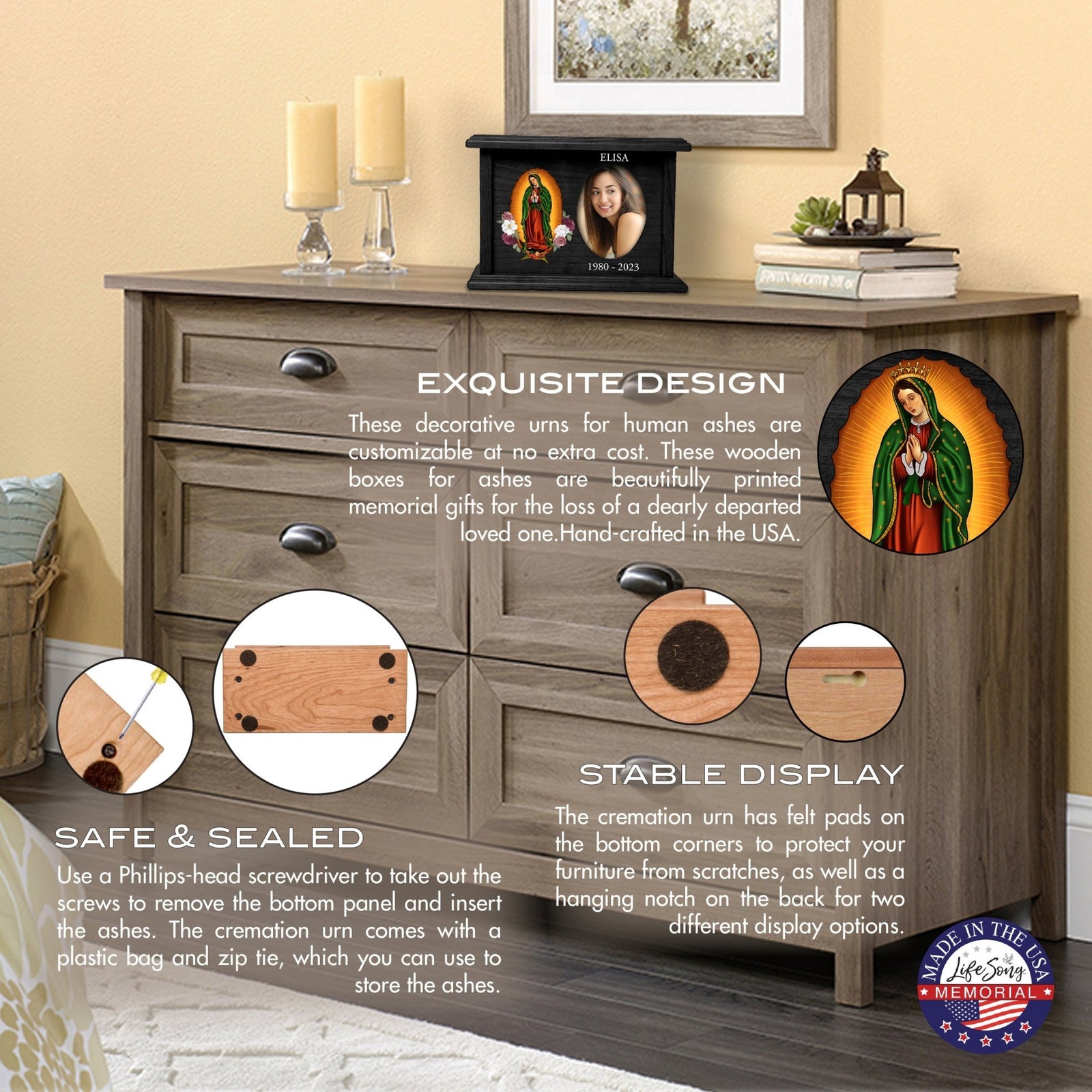 Personalized Virgin Lady of Guadalupe Memorial Cremation Oval Photo Urn For Adult Human Ashes In Spanish - LifeSong Milestones