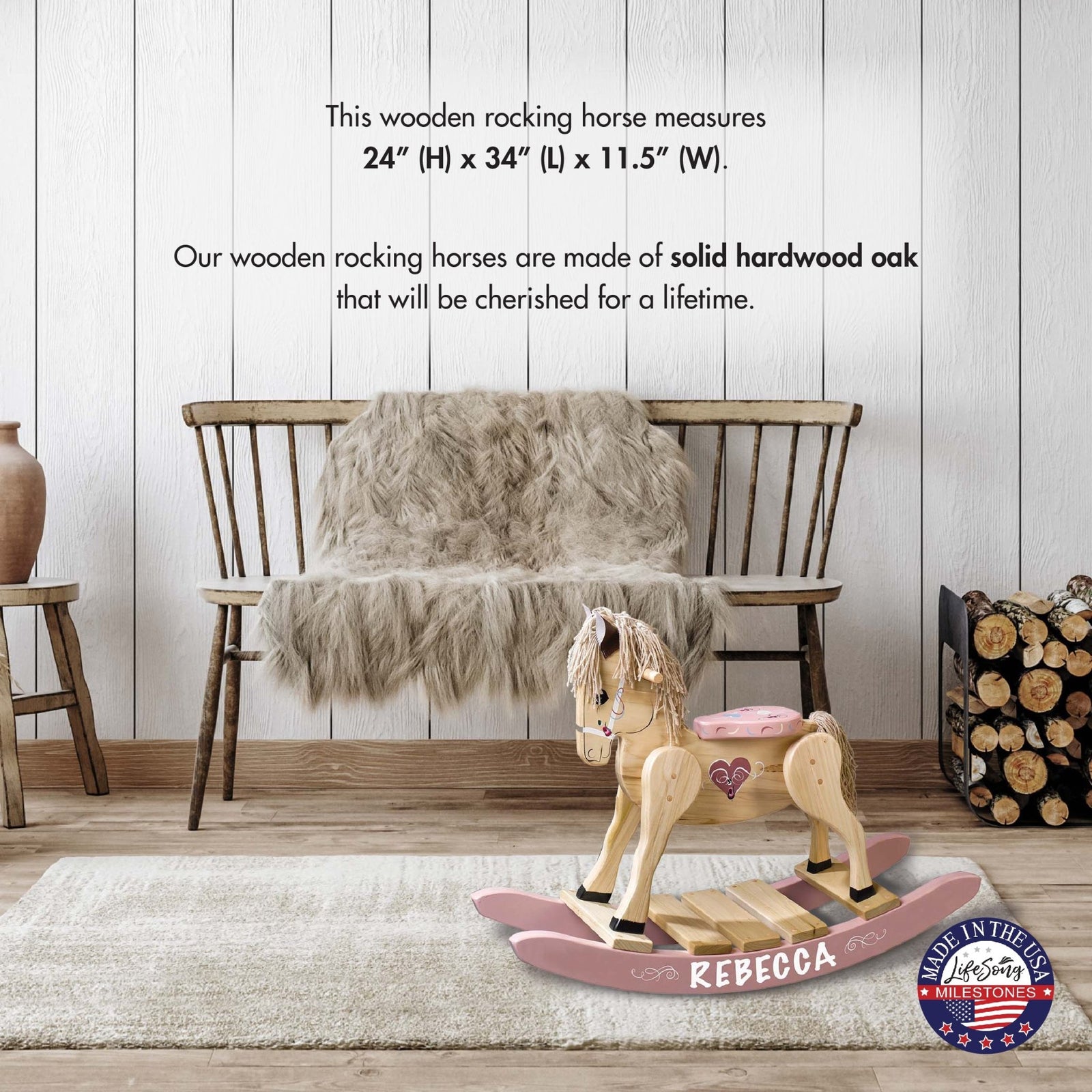 Personalized Wooden Amish Made Rocking Horse for Toddler Boys and Girls| Ride On Toy for Kids Birthday Keepsake Home Decor - LifeSong Milestones